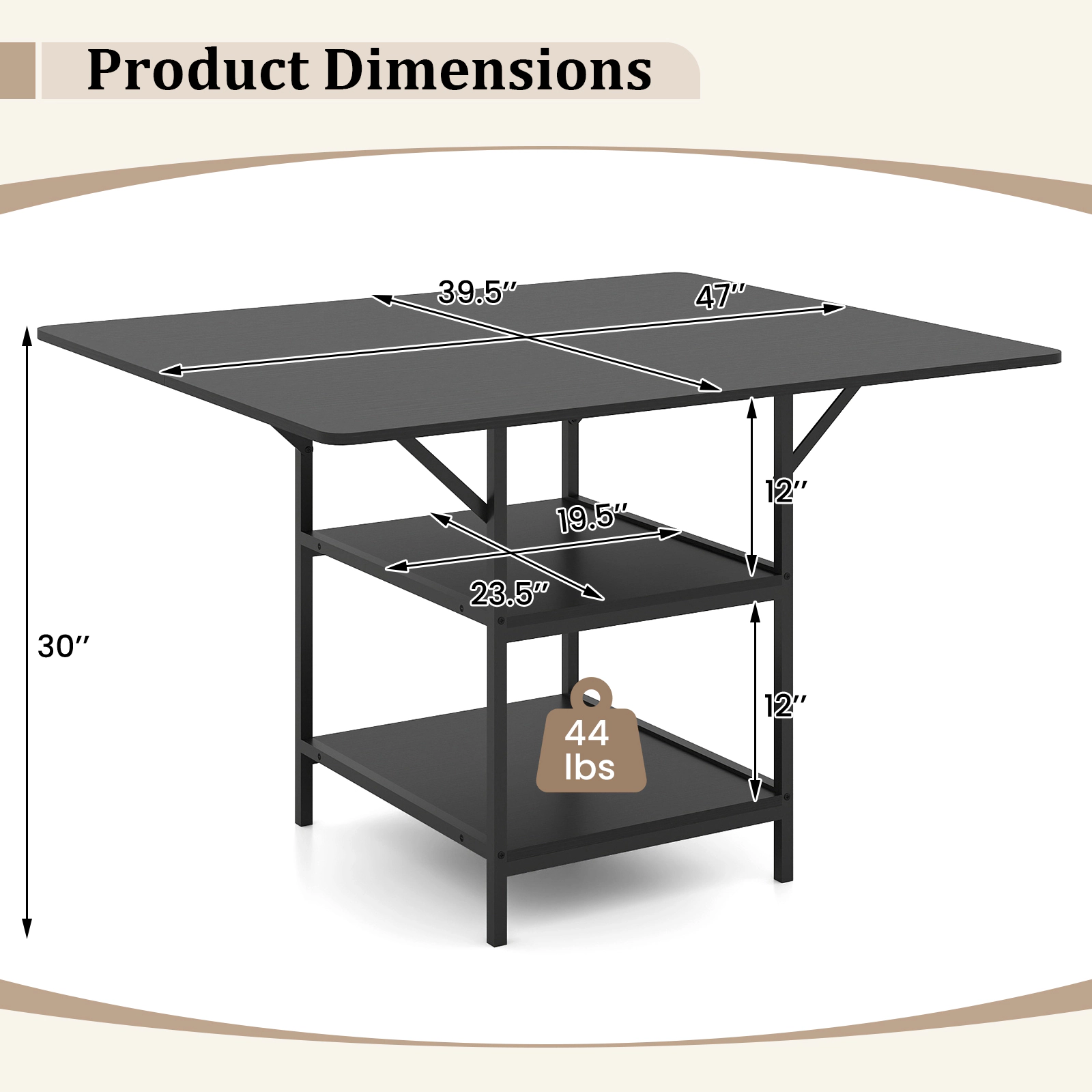 LJG 47 Inch Rectangular Dining Table with 2 Open Storage Shelves and Sturdy Metal Legs for 4-6-Black Costway3