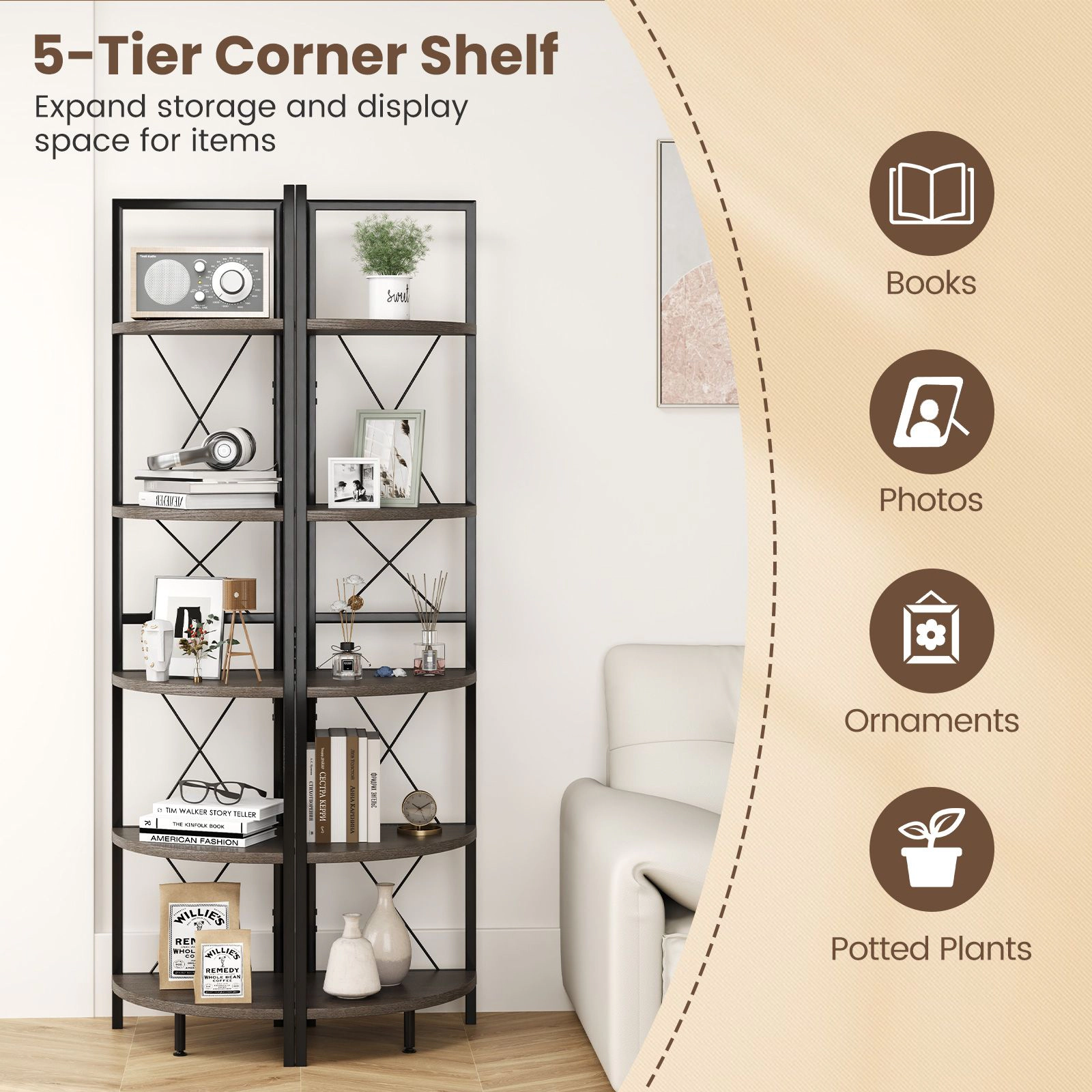 SlickBlue 5 Tier Corner Bookshelf with Metal Frame Storage