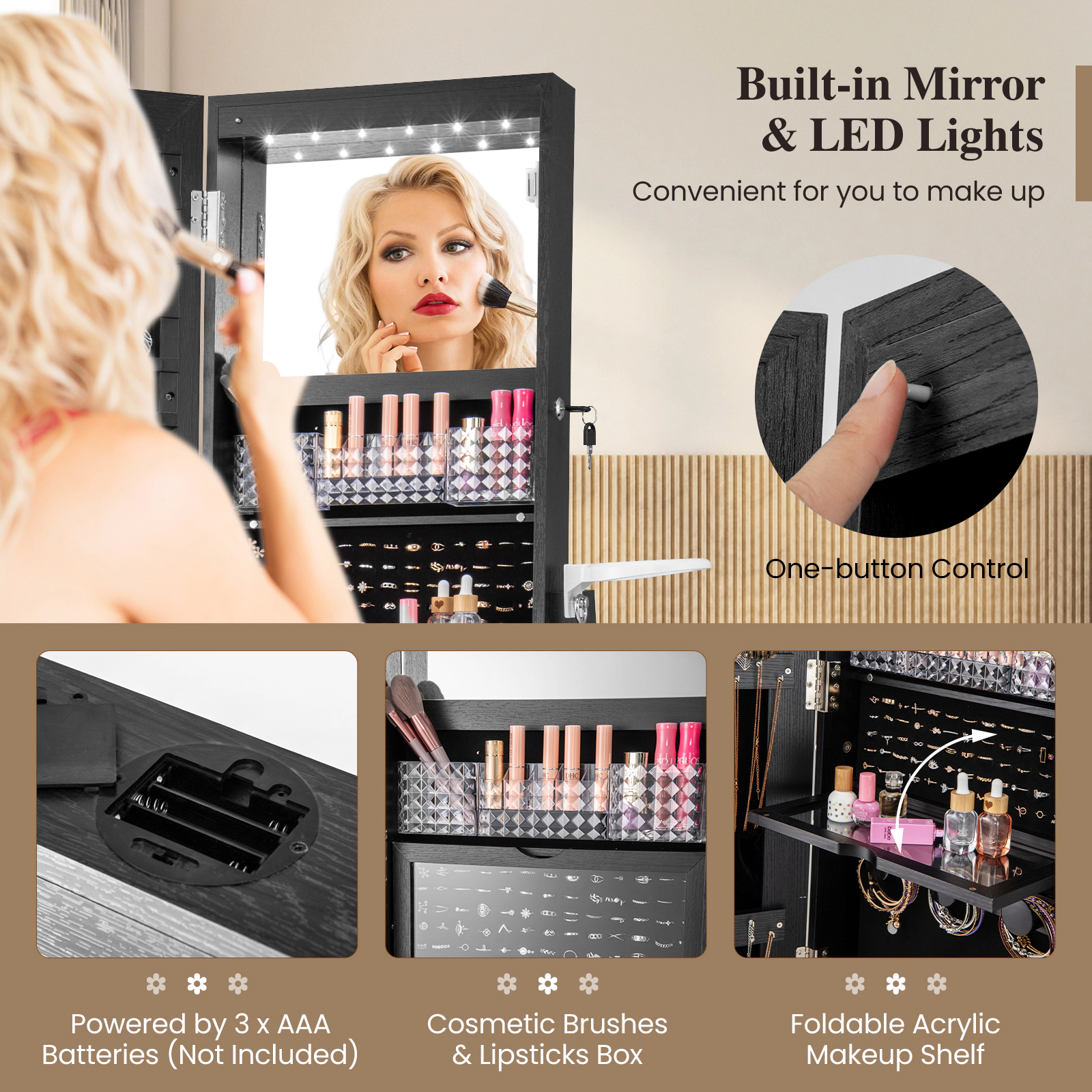 Hivvago Lockable 360° Swivel Jewelry Cabinet with Full-Length Mirror LED Lights