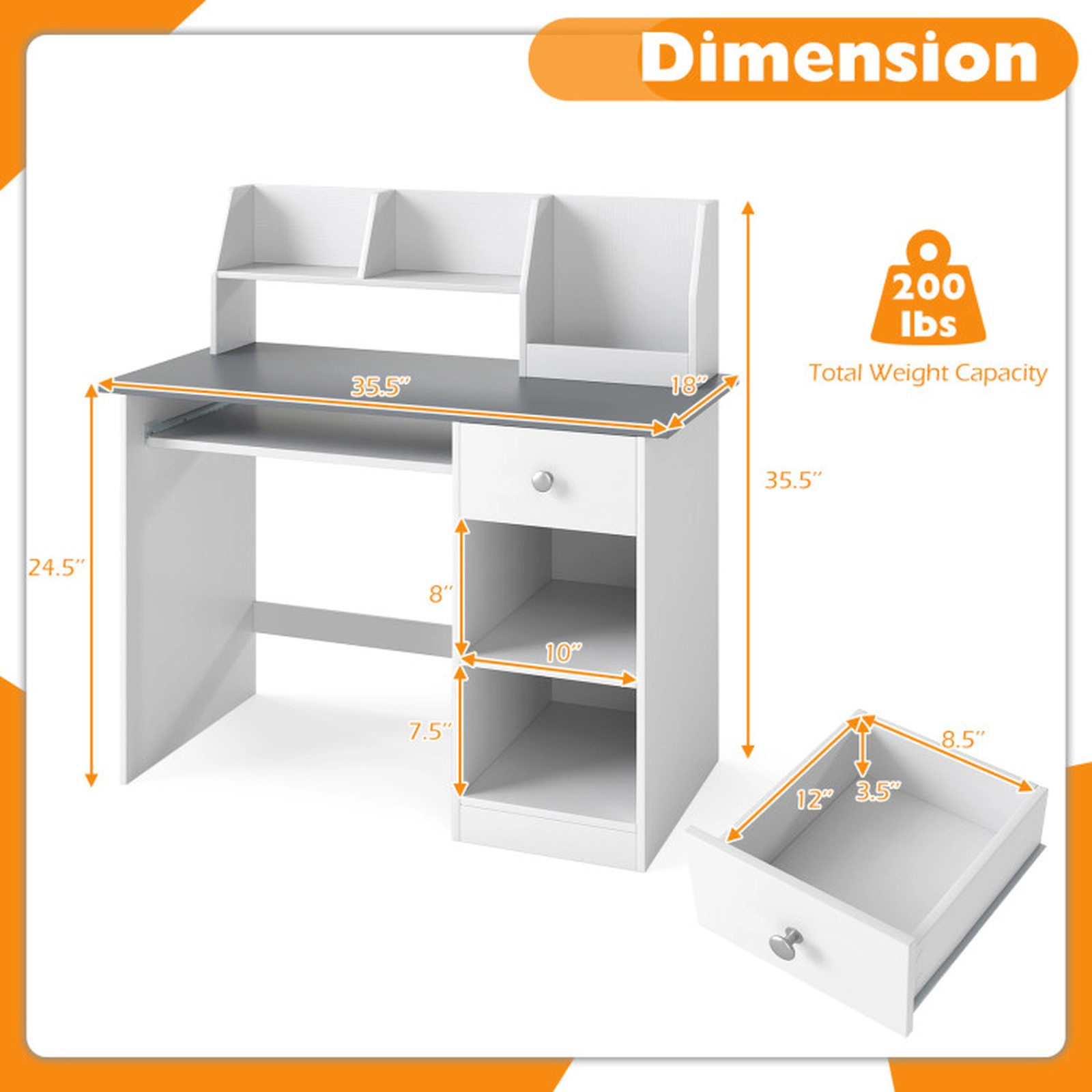 SUGIFT Kids Study Desk with Hutch Drawer Shelves & Keyboard Tray 200-lb Capacity Ages 3-6 Table & Chair Set White & Gray