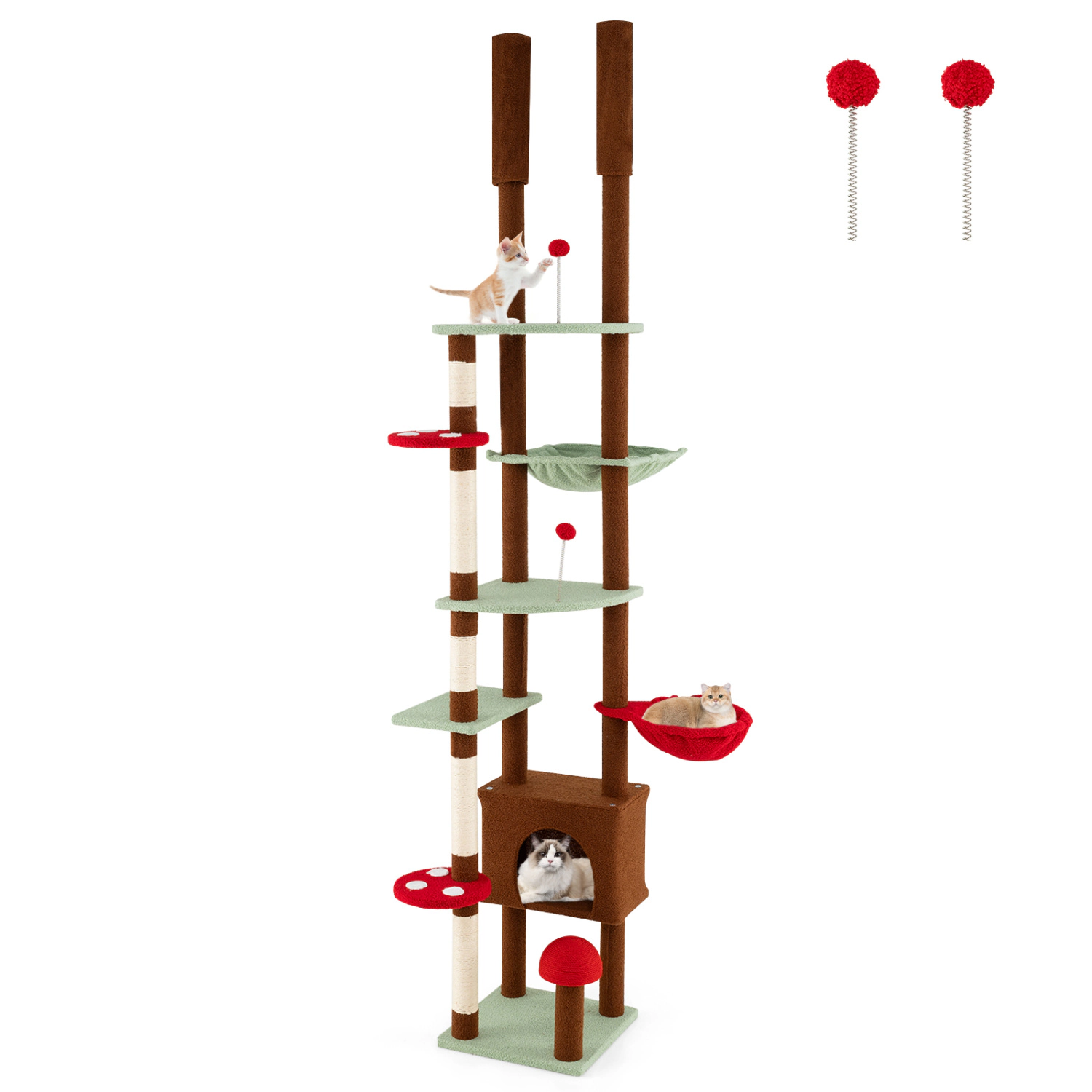 SUGIFT Height Adjustable Floor to Ceiling Cat Tree with Condo Hammock & Basket 22-lb Tiers 11-lb Hammock & Basket Brown