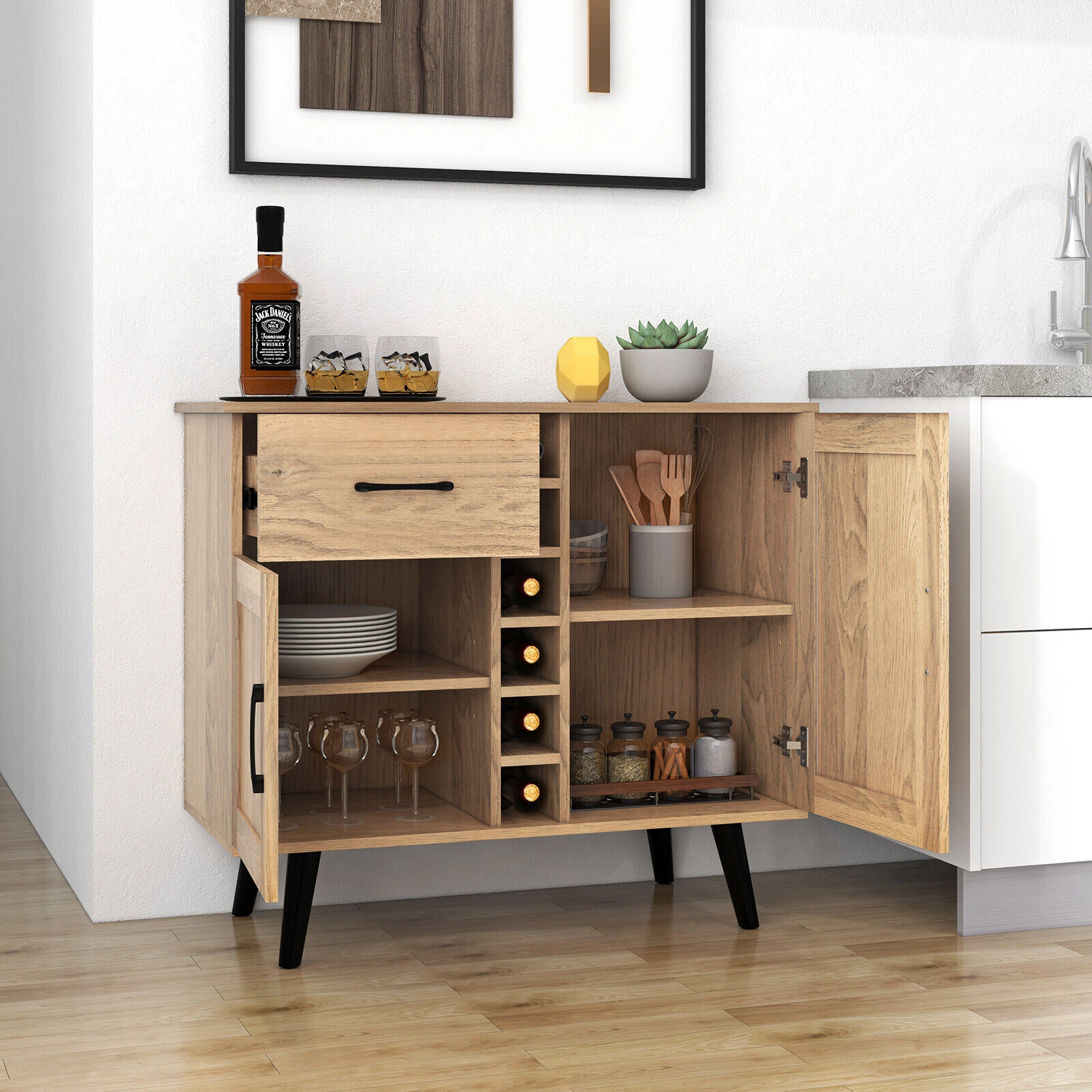 SUGIFT 2-Door Buffet Sideboard with Drawer and 6-Bottle Wine Rack 125-lb Tabletop Capacity White/Black/Natural