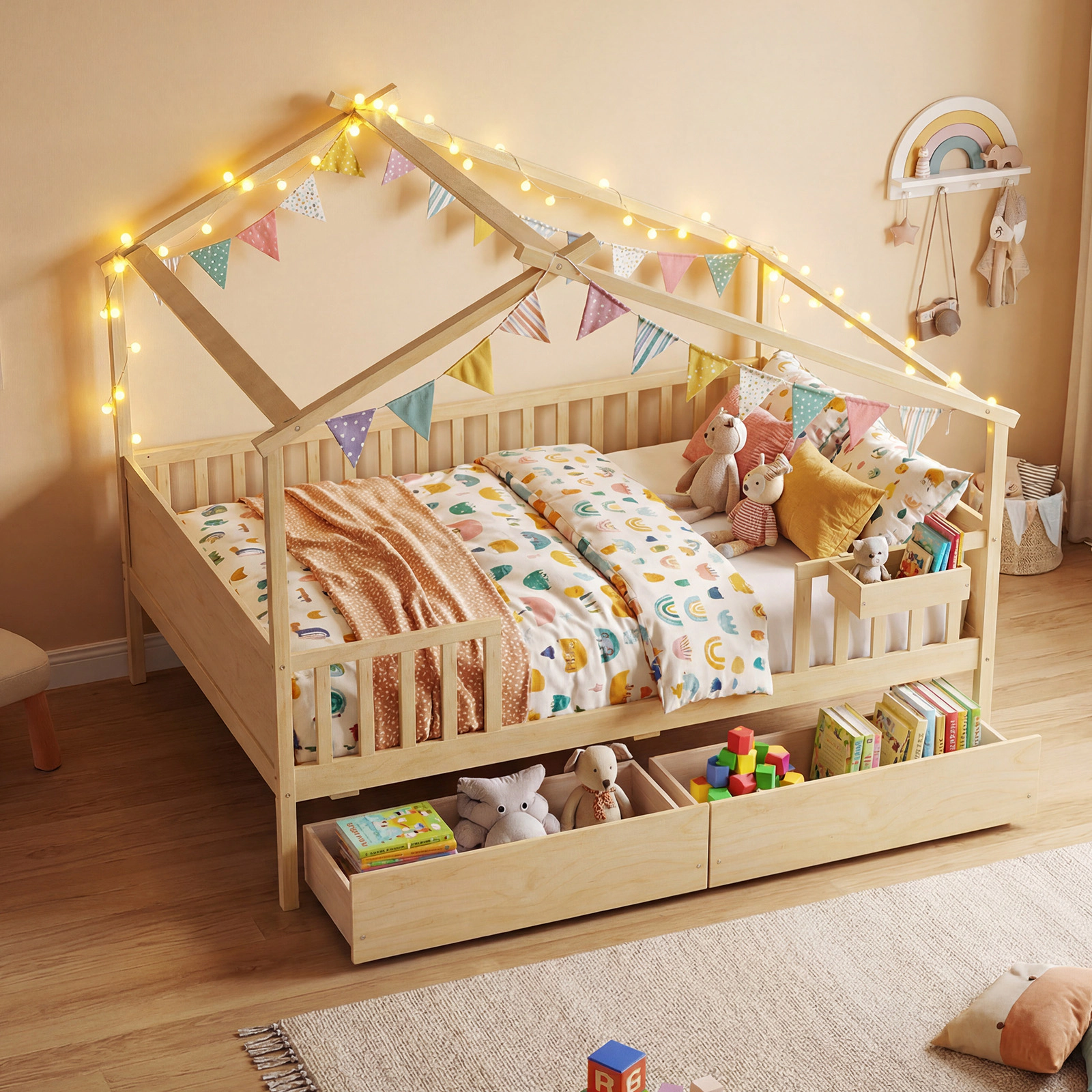 LJG Full House Bed with Roof and Fence Rails for Kid
