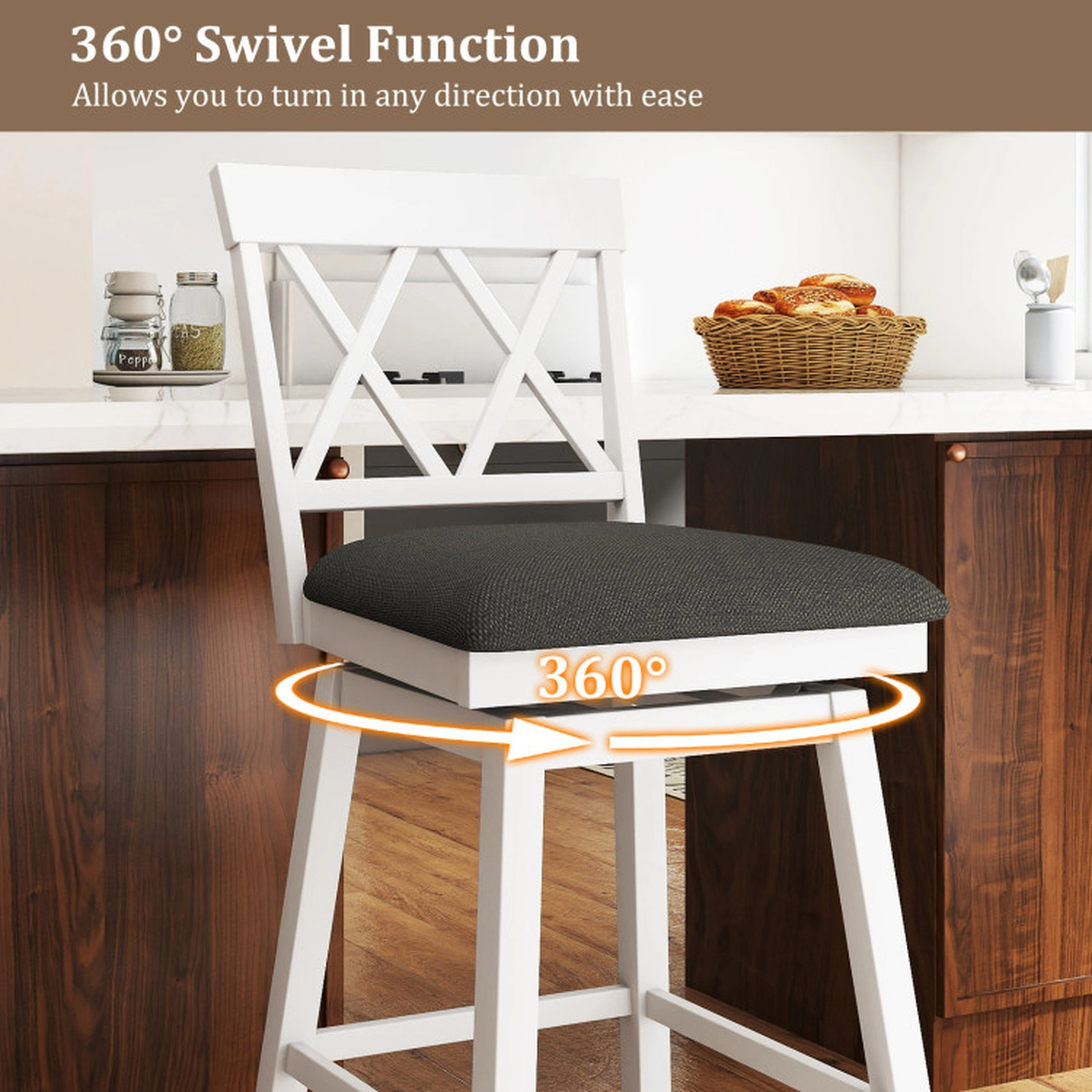 SUGIFT 360° Swivel Counter Height Bar Stool Set of 4 with Curved Backrest 330-lb Capacity 29-in Seat Oak/White