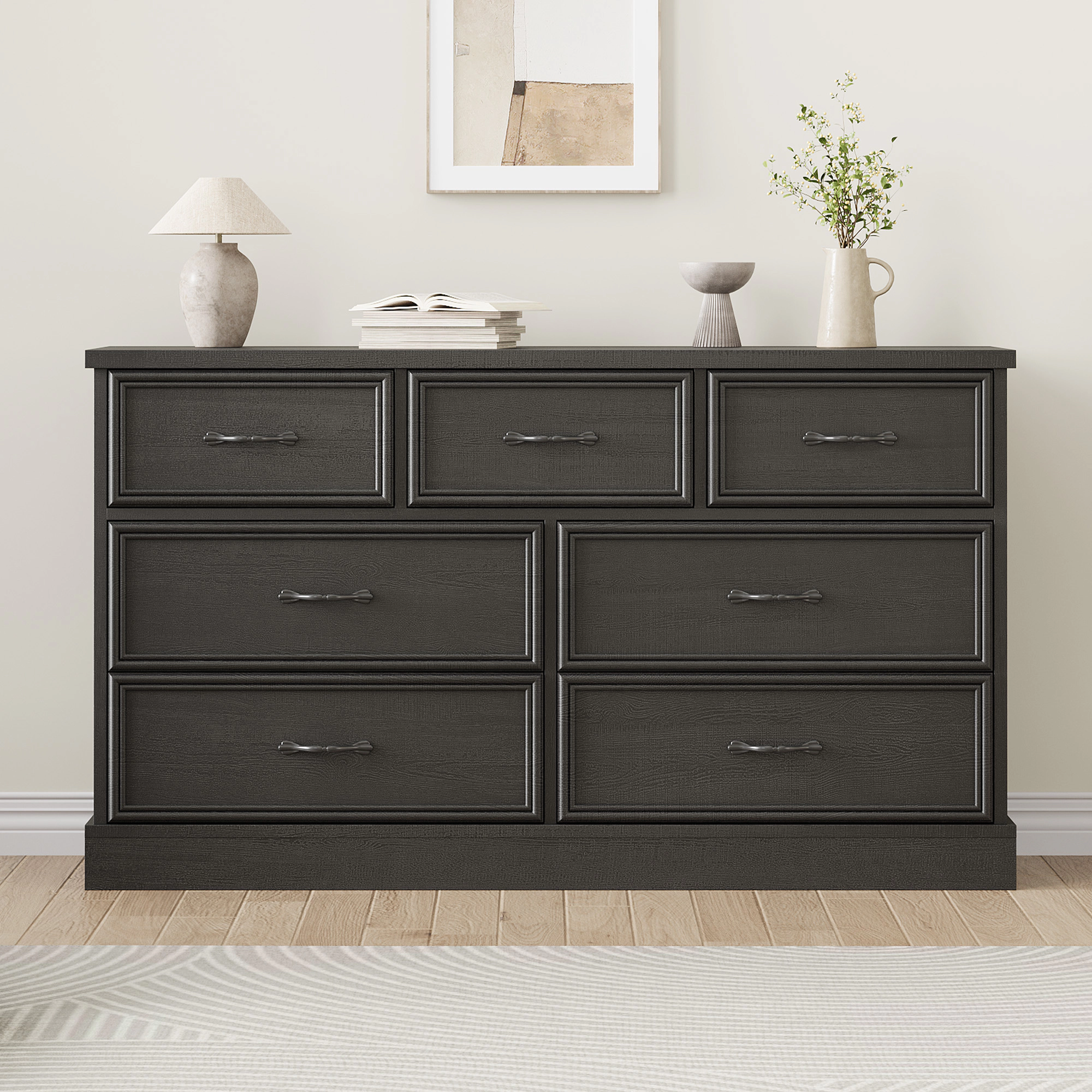 7 Drawer Wooden Dresser, 55" Wide Chest with Large Storage for Bedroom or Living Room