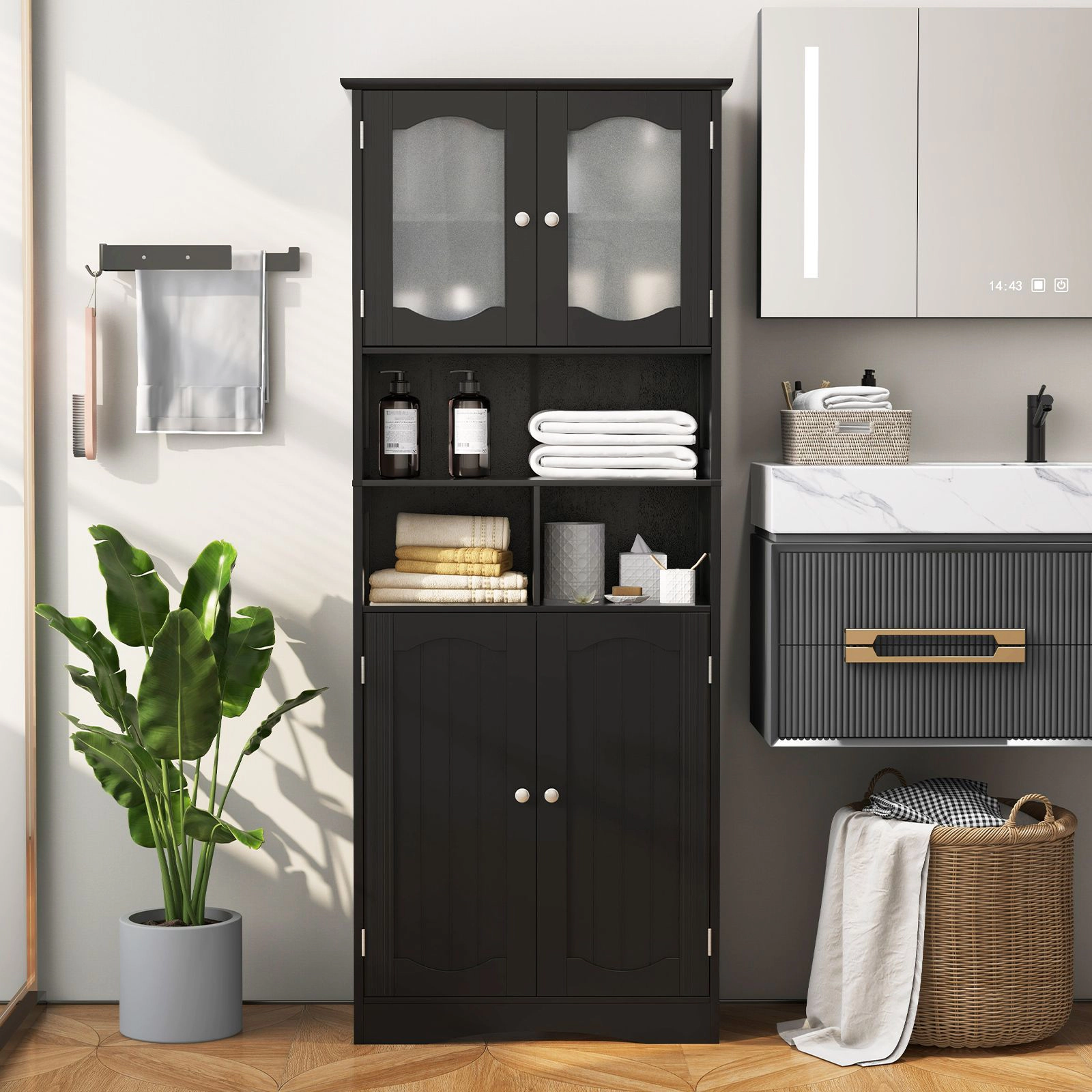 SlickBlue Freestanding Linen Cabinet with Adjustable Shelves and Storage