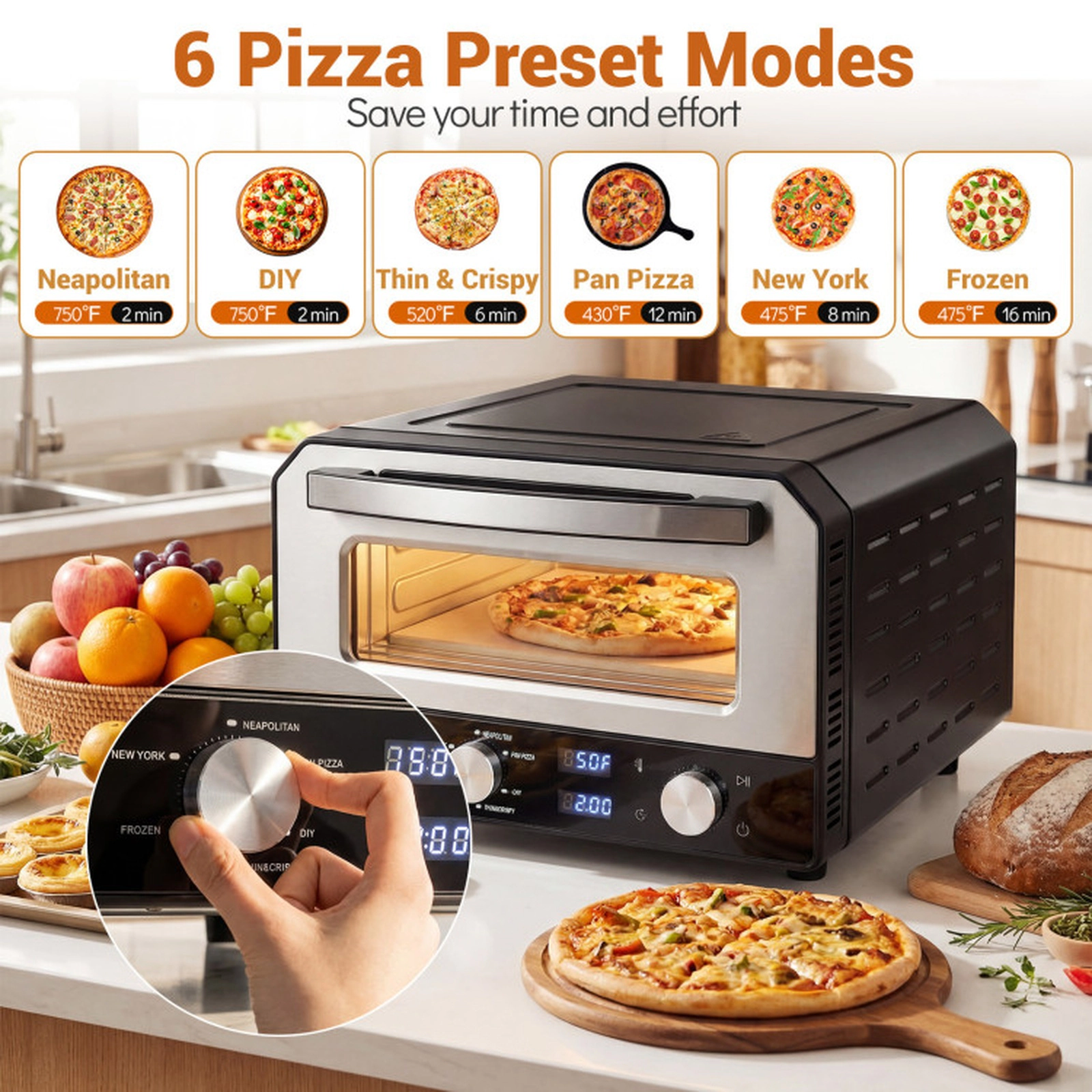 SUGIFT Rapid High Heat Indoor Electric Pizza Oven 1700W 175-750 F 6 Presets 12.5-in Stone for 12-in Pizzas Black