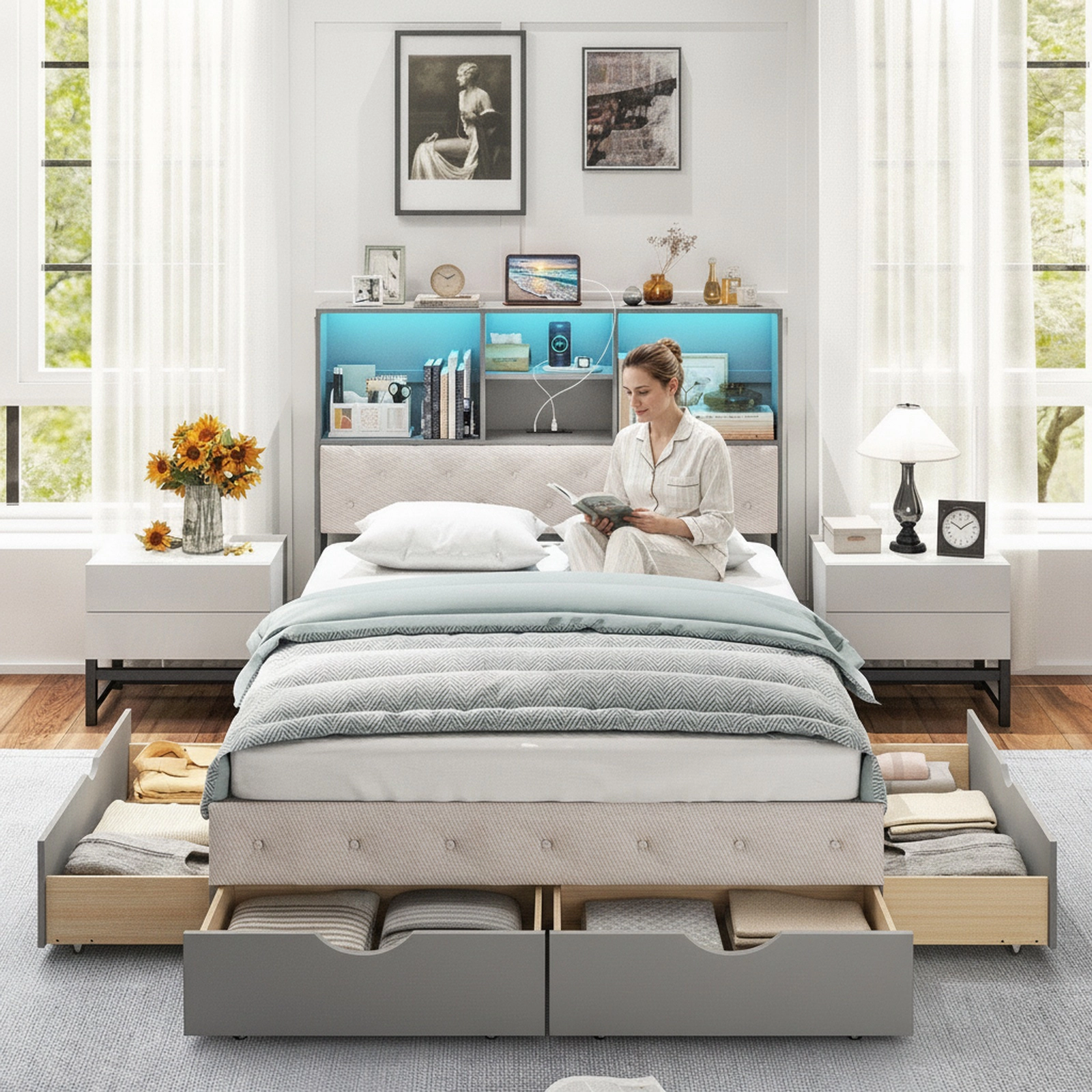 SUGIFT Full Bed Frame with LED Bookcase Headboard, Charging Station, 4 Cubes and 2 Drawers