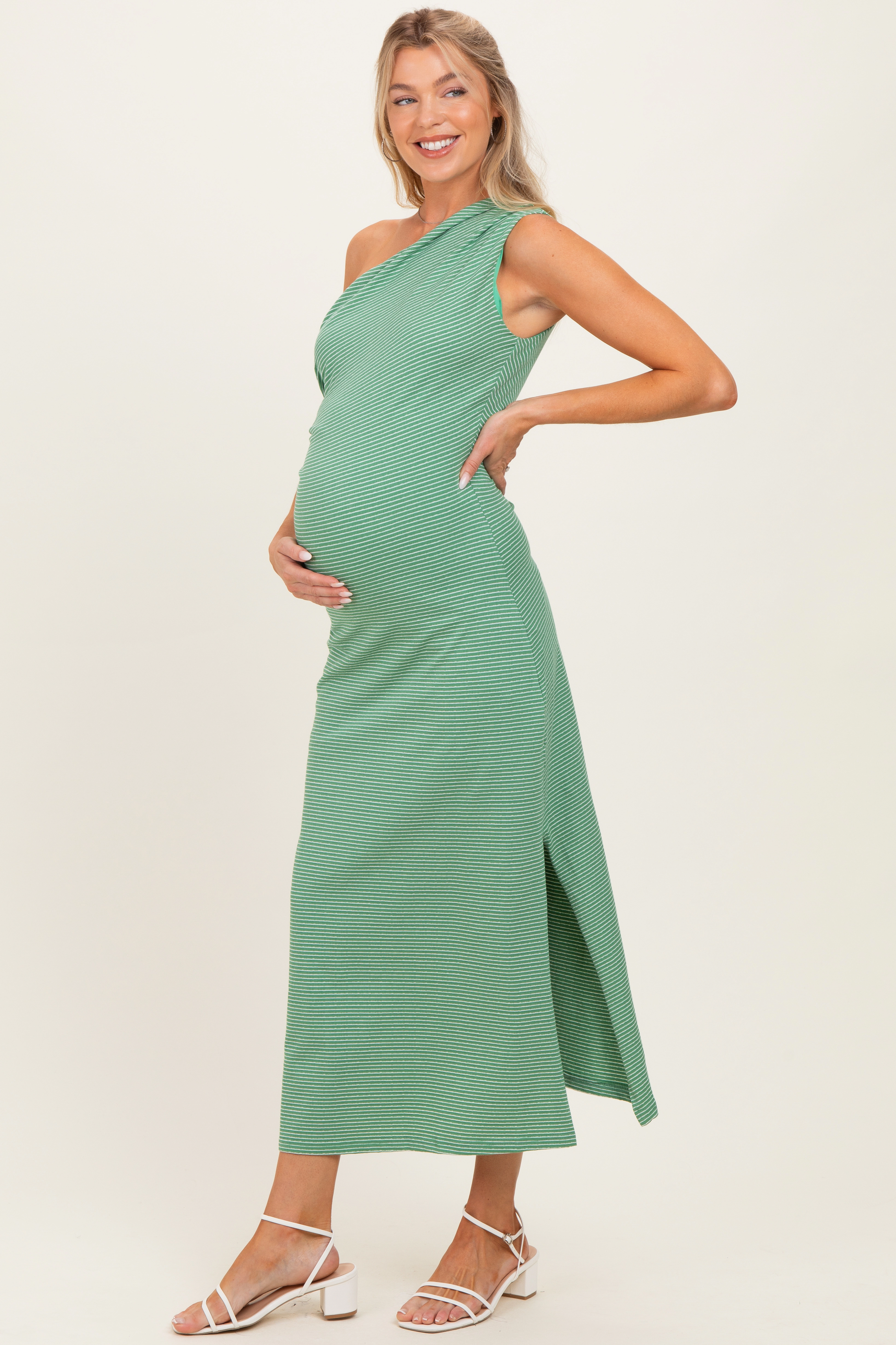 PinkBlush Womens Green Striped One Shoulder Maternity Midi Dress