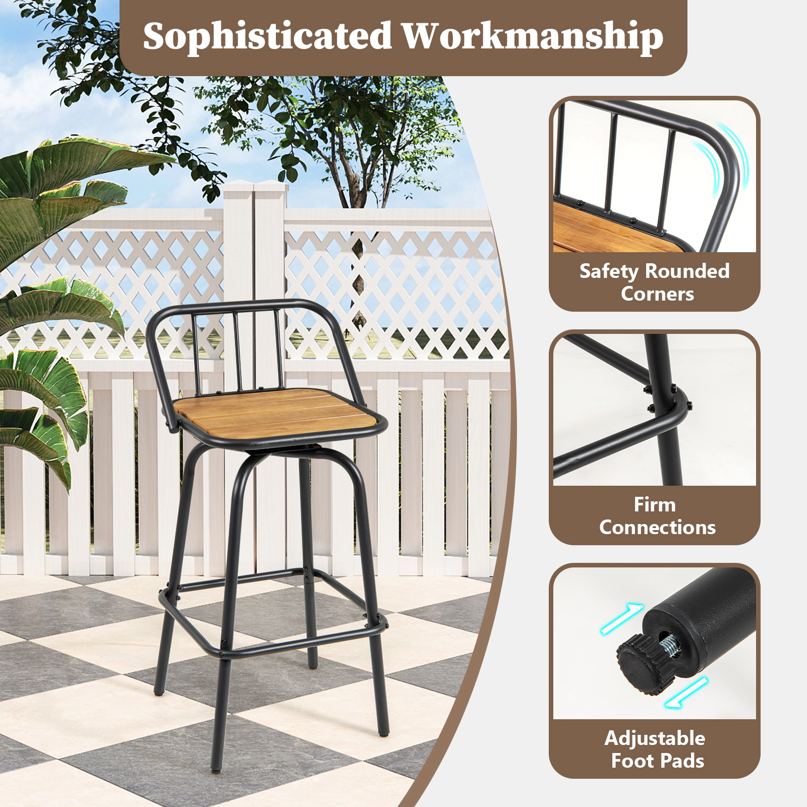 SUGIFT 360° Swivel Bar Stool Set of 2 with Curved Backrest and Footrest 275-lb Capacity Black + Natural
