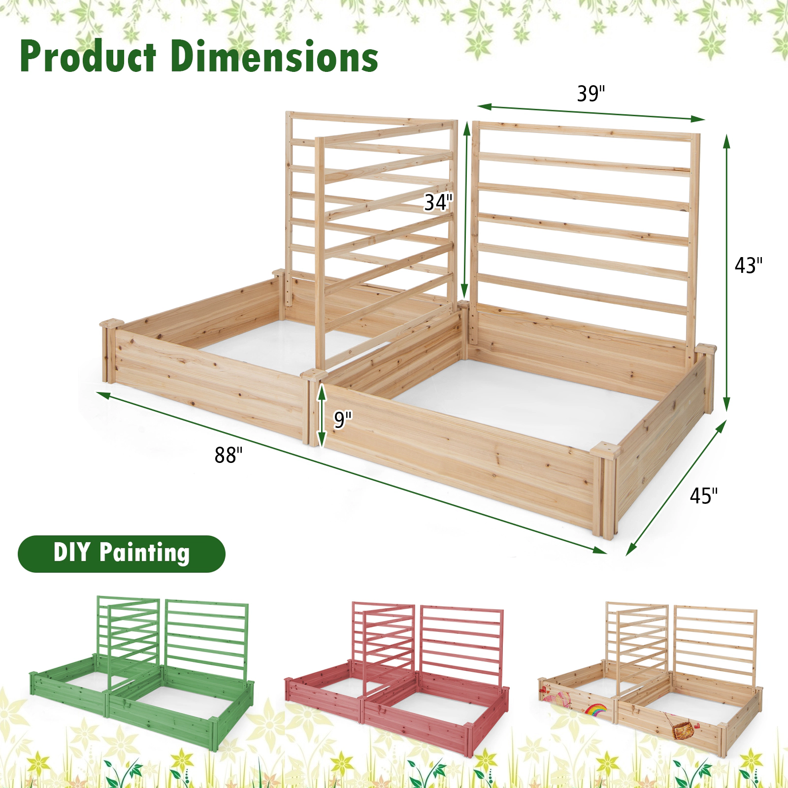 SlickBlue Wooden Garden Planter Box with Trellis for Vining Plants