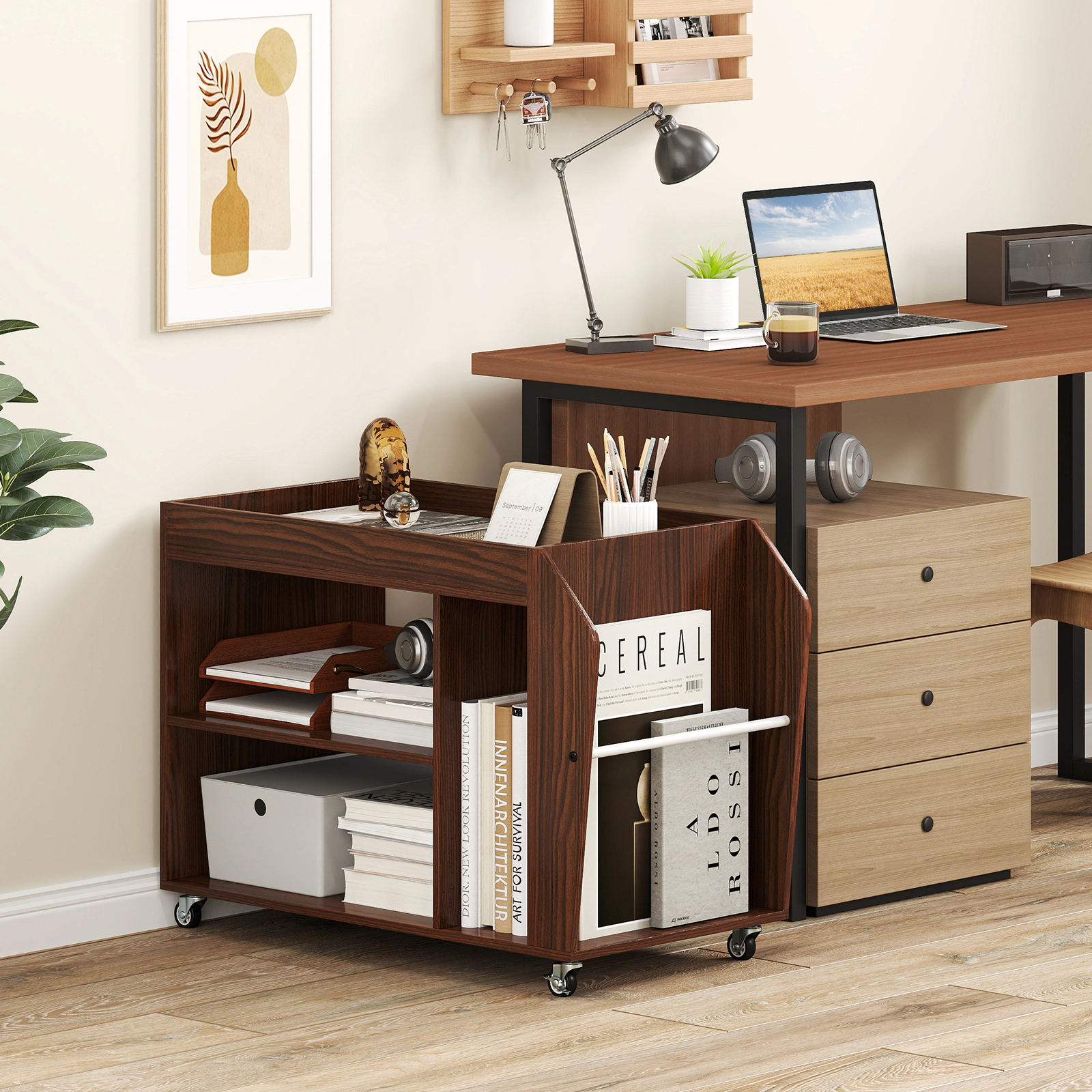 SUGIFT 3-Tier Engineered Wood Side End Table with Wheels 44-lb Countertop Capacity Walnut