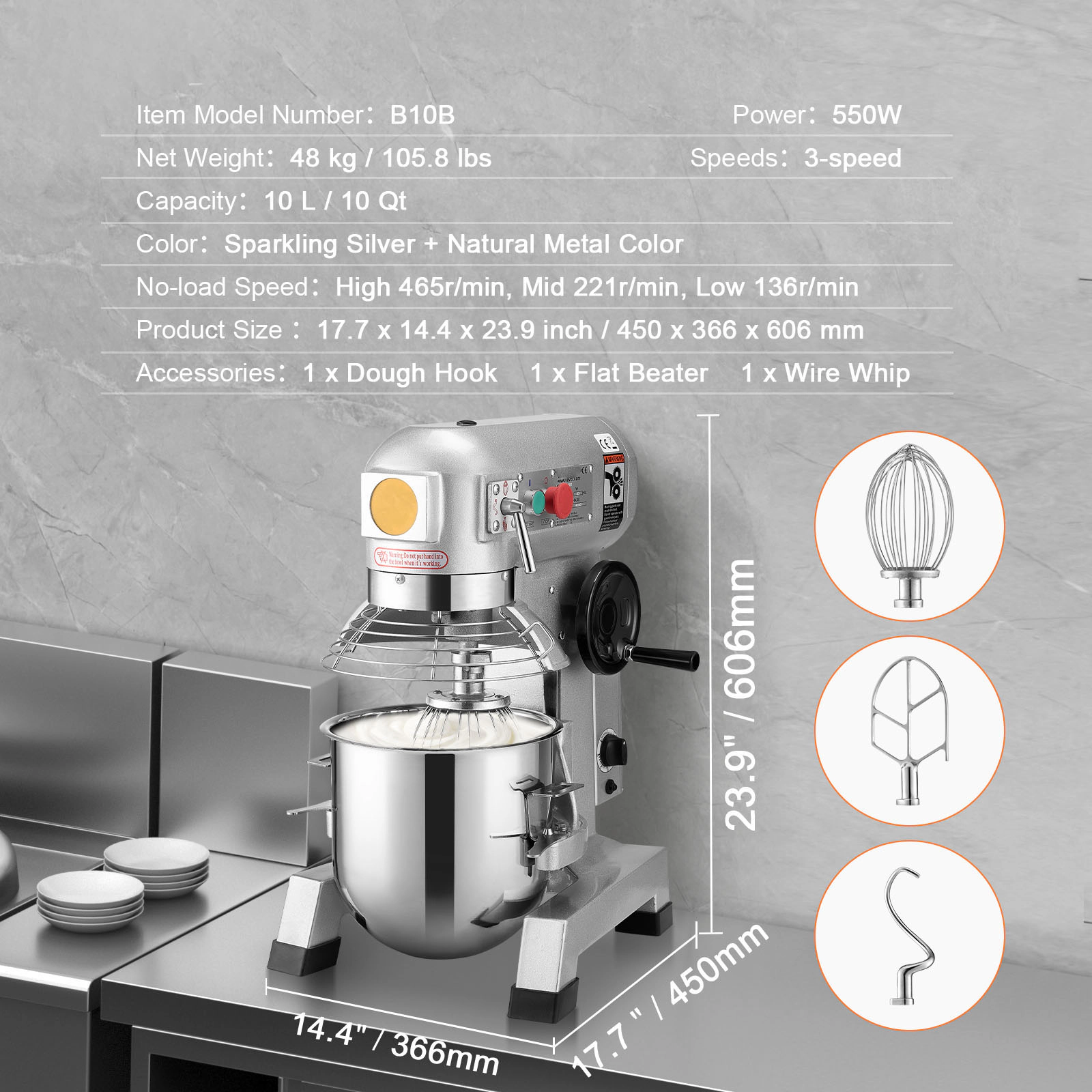 HONGGE Commercial Food Mixer Commercial Mixer with Timing Function Stainless Steel Bowl Heavy Duty Electric Food Mixer