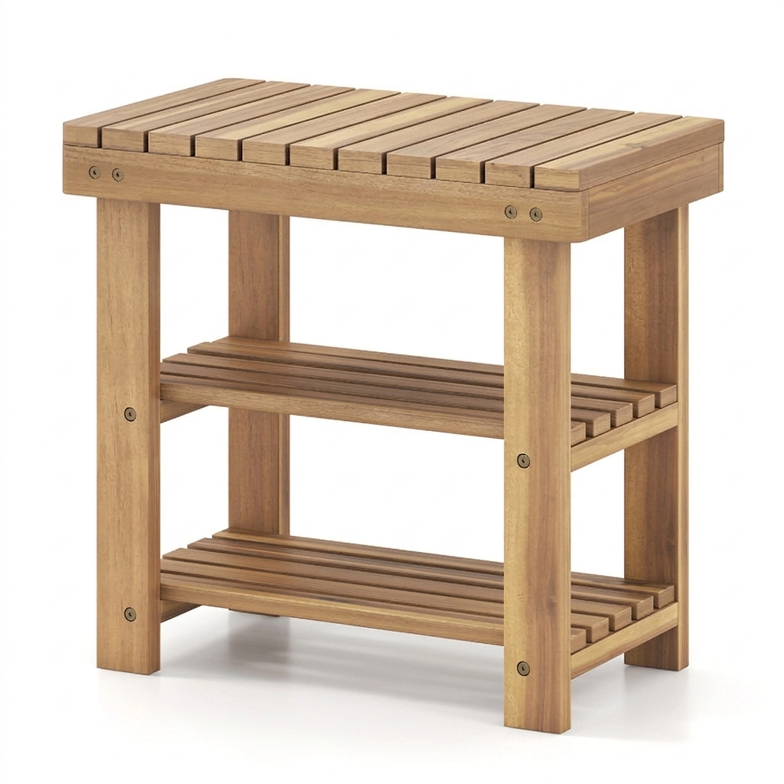 SUGIFT 3-Tier Natural 19-in Teak Wood Shoe Rack Bench with Slatted Seat and Open Shoe Storage Shelves