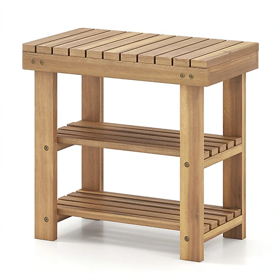 SUGIFT 3-Tier Natural 19-in Teak Wood Shoe Rack Bench with Slatted Seat and Open Shoe Storage Shelves