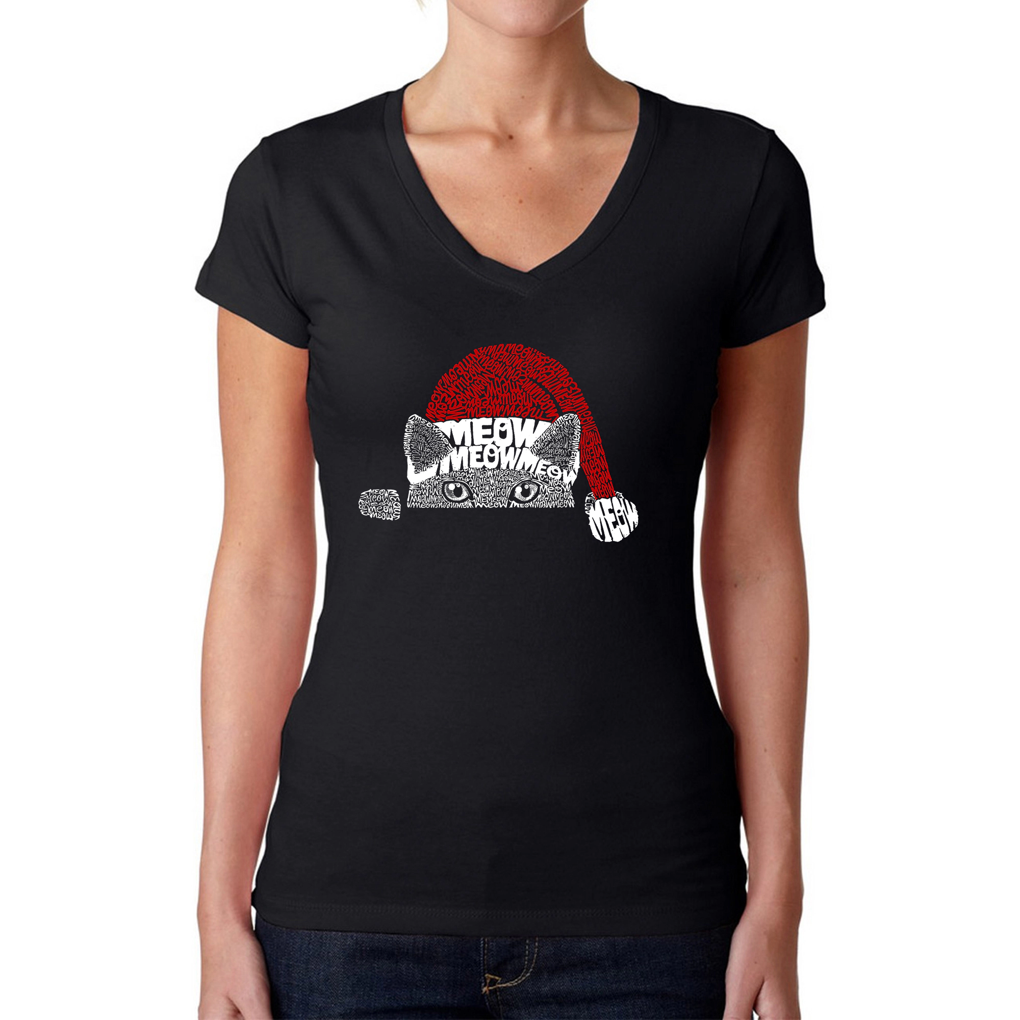 LA Pop Art Womens Word V-Neck T-Shirt - Christmas Peeking Cat