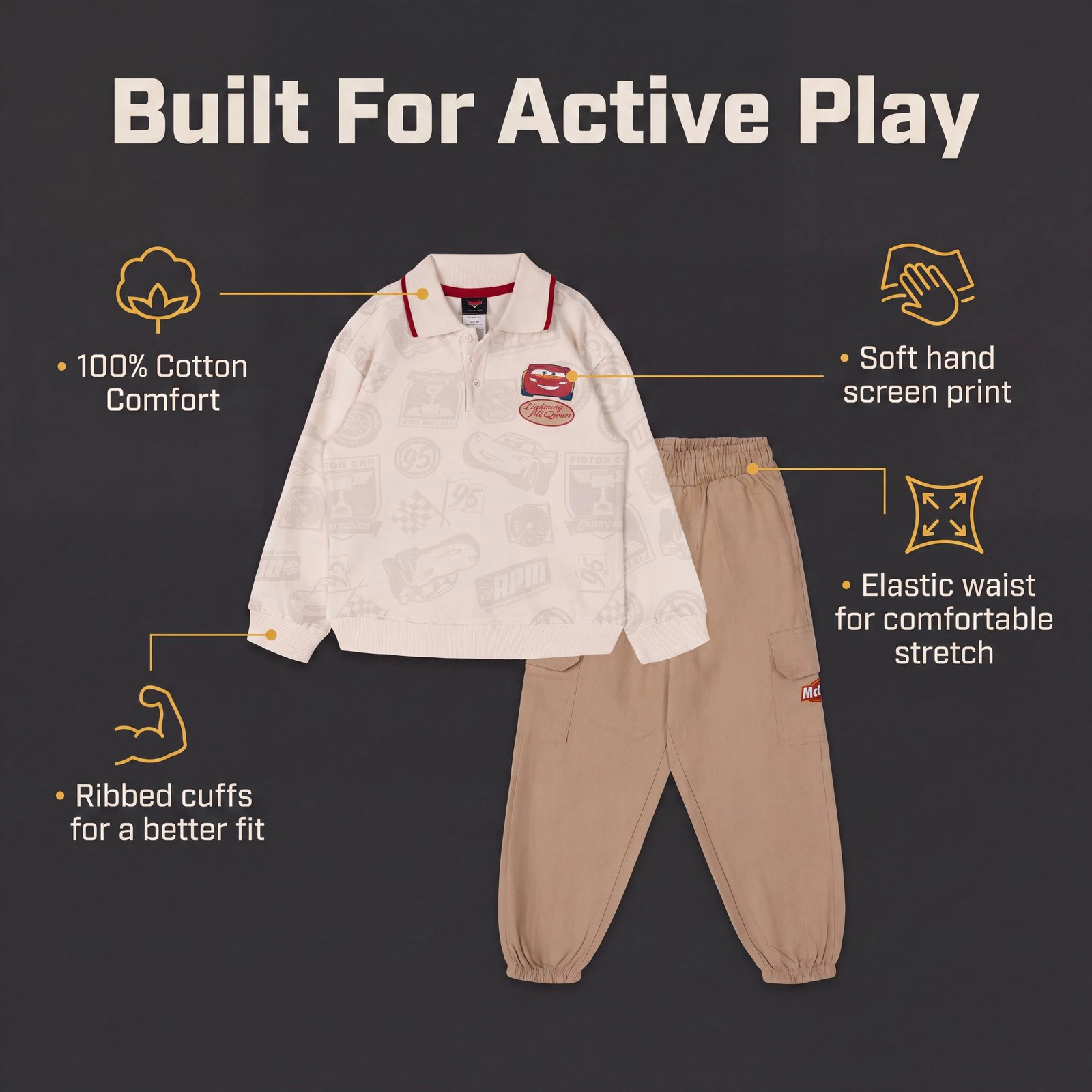 Disney Cars Lightning McQueen Boys' 2-Piece Polo Sweatshirt and Cargo Pants Set