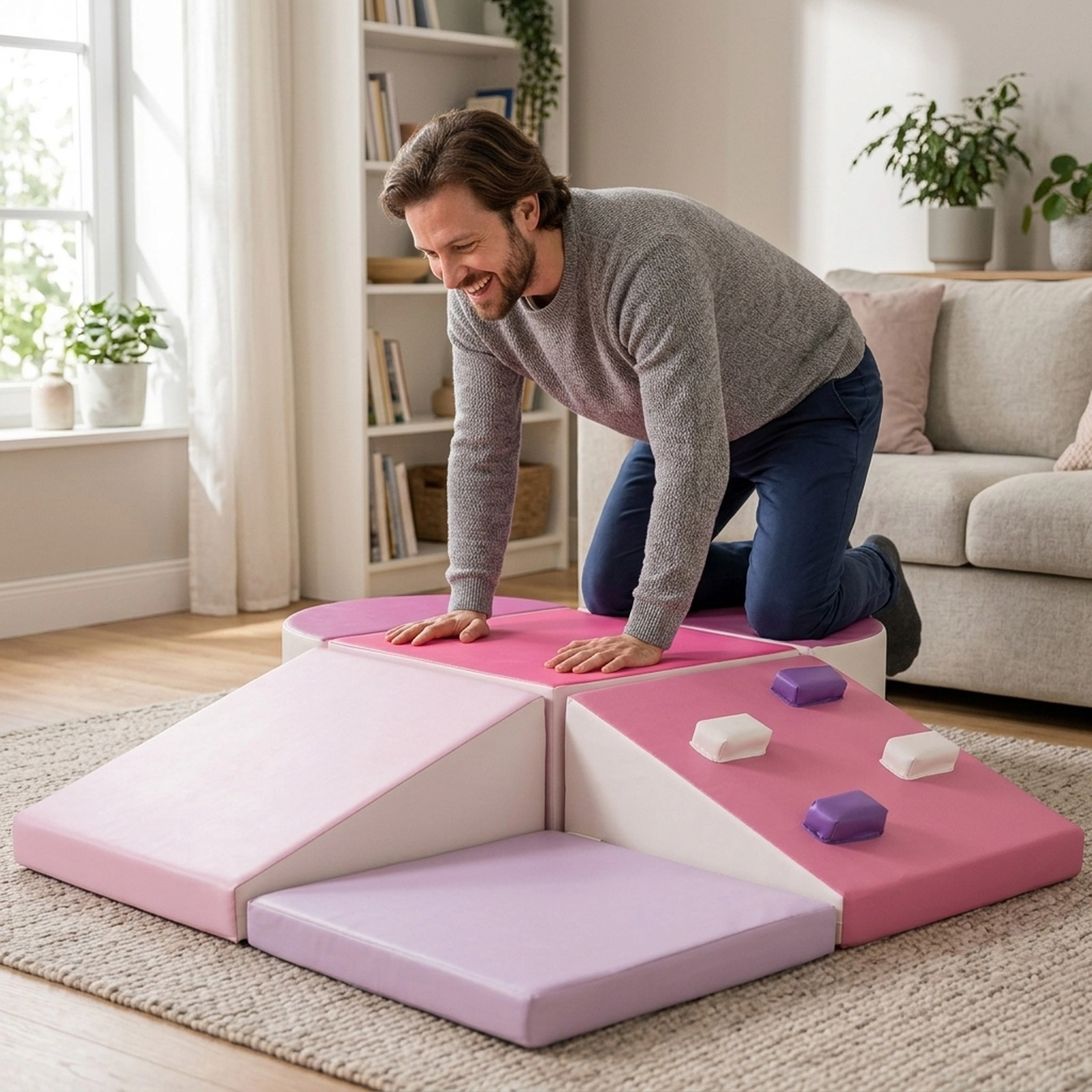 6-Piece Soft Play Set Baby Climbing Toys Climbing Triangle Grip Rocks Ramp Half Cylinders Pink Foam Blocks