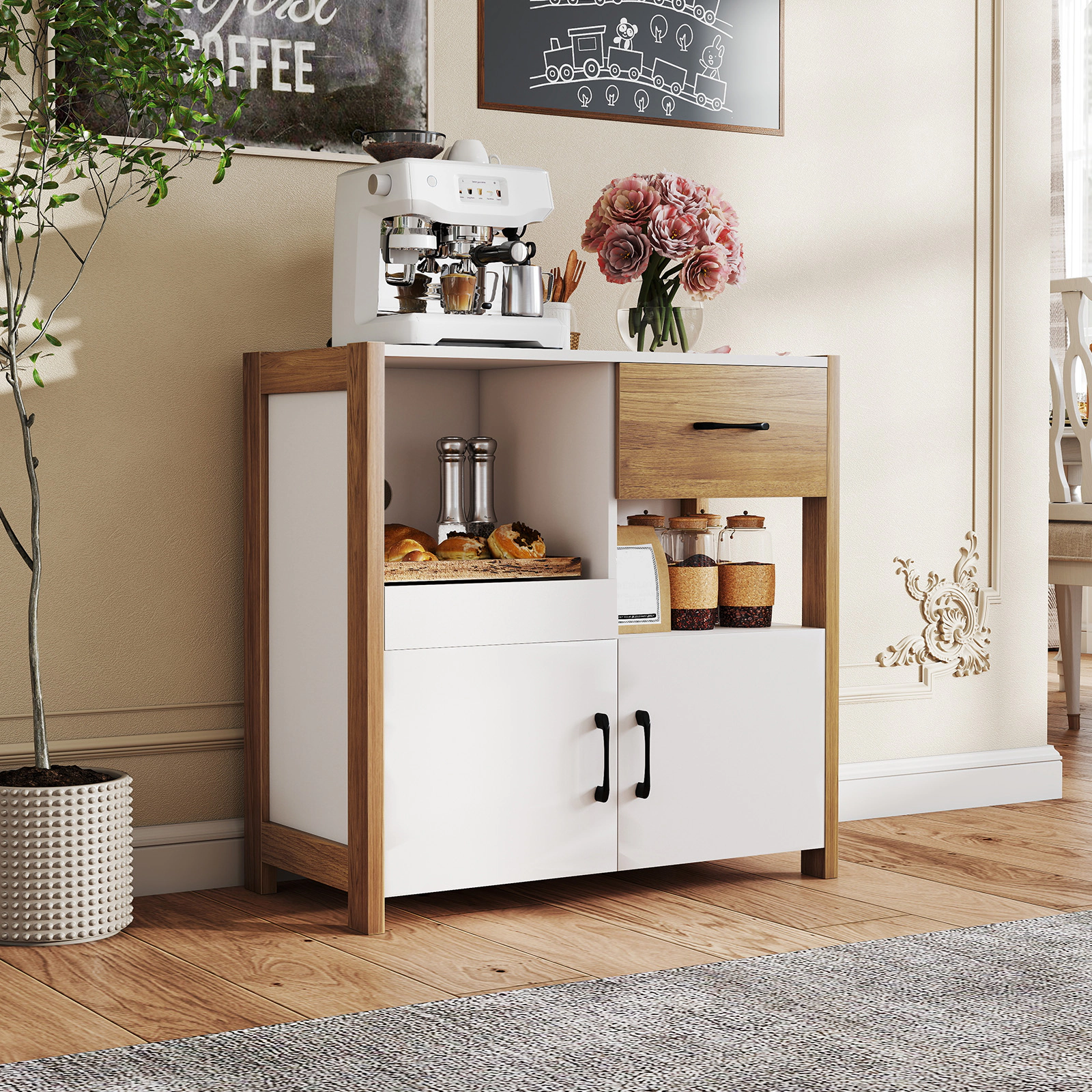 LJG Kitchen Storage Cabinet with Drawer Pull-Out Shelf and 2 Doors