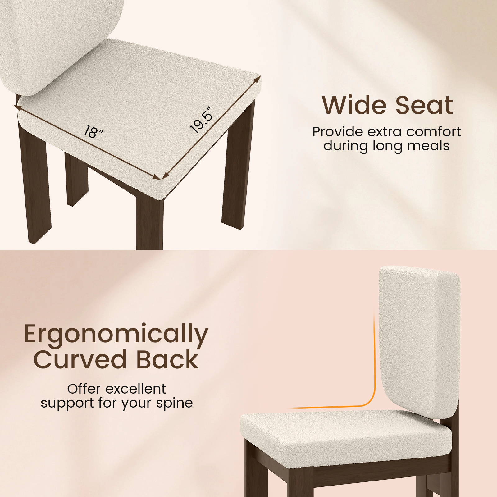 SUGIFT Sherpa Upholstered Wooden Dining Chair Set of 2 Rubber Wood Legs 265-lb Capacity Brown+White 19.5 x 20 x 35 in