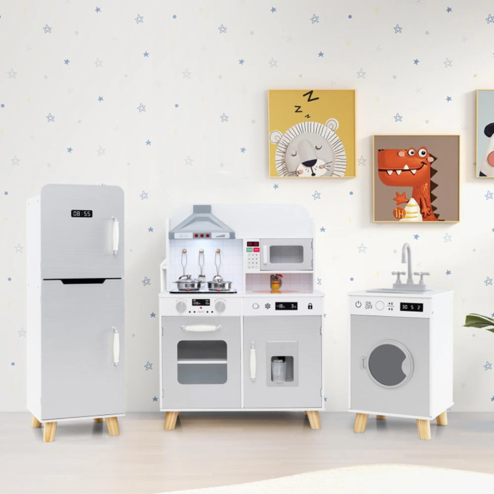 Hivvago Kids Kitchen Playset 3-in-1 with Refrigerator and Washing Machine-Gray