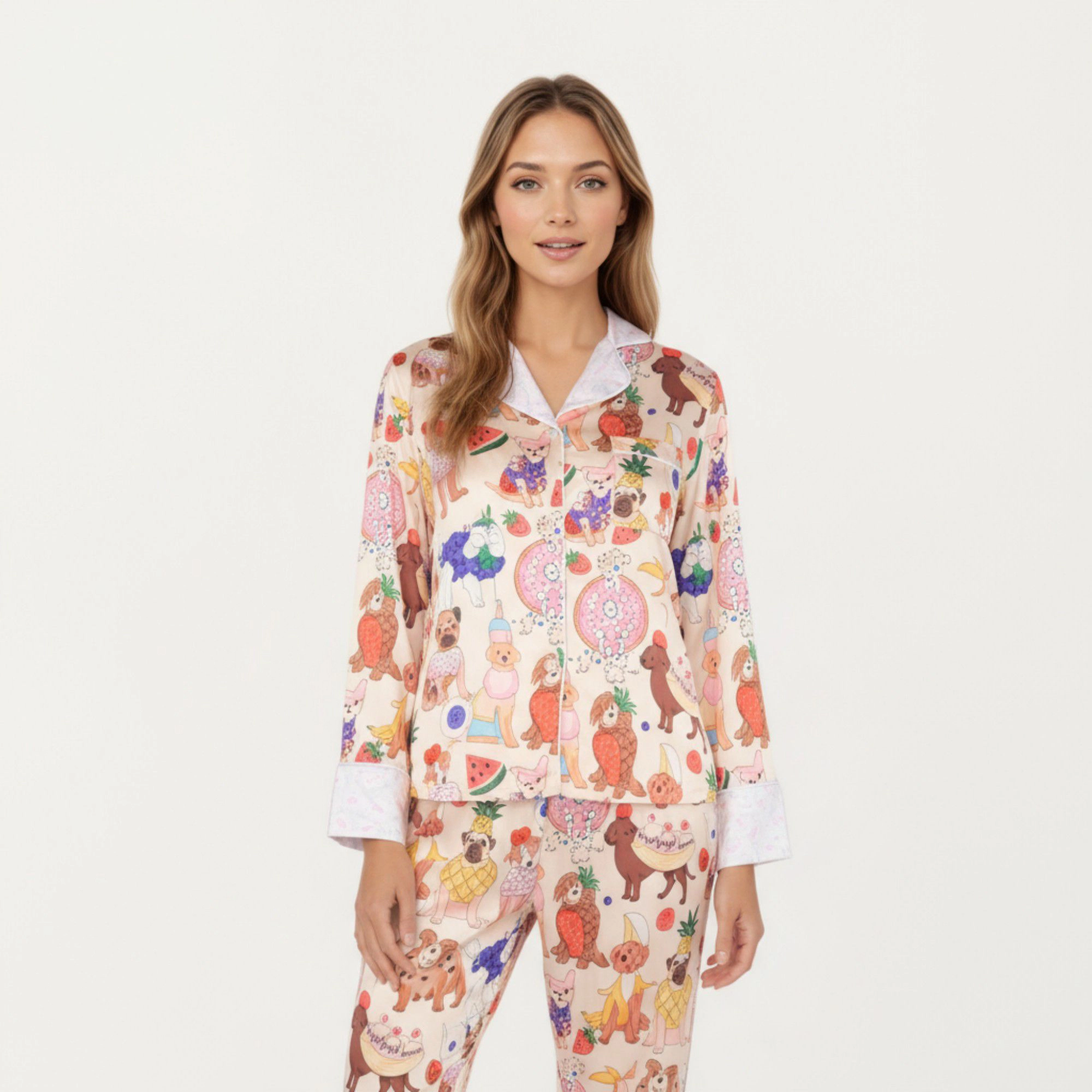 Anna-Kaci Women's 2-Piece Long Sleeve Button Front Top and Relaxed Fit Pants Pajama Set with Fun Dog Print
