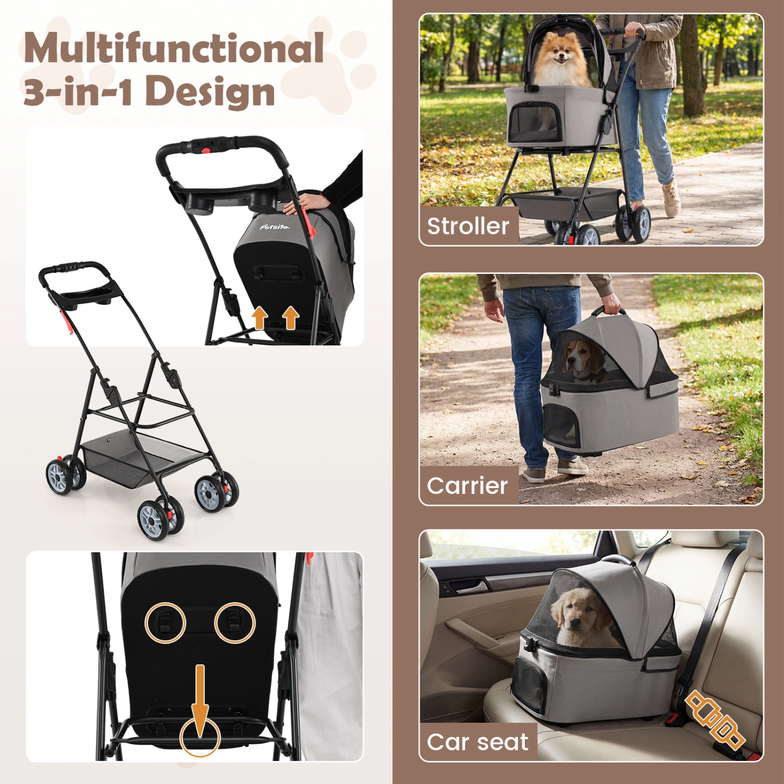 SUGIFT Gray 3-in-1 Pet Stroller with Removable Carrier and Car Seat 35-in W 19-in D 40-in H 33-lb Cart Capacity