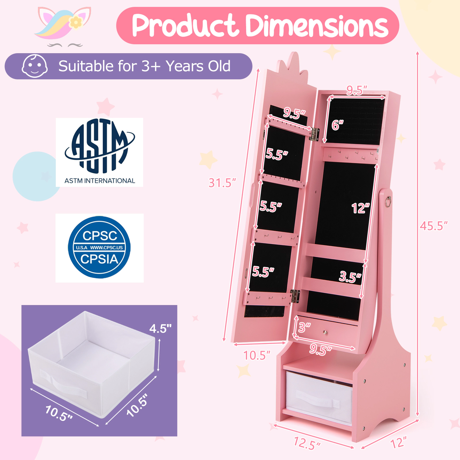 SUGIFT Pink Kids Jewelry Armoire Cabinet with Full-Length Mirror and Storage Compartments 45.5-in H