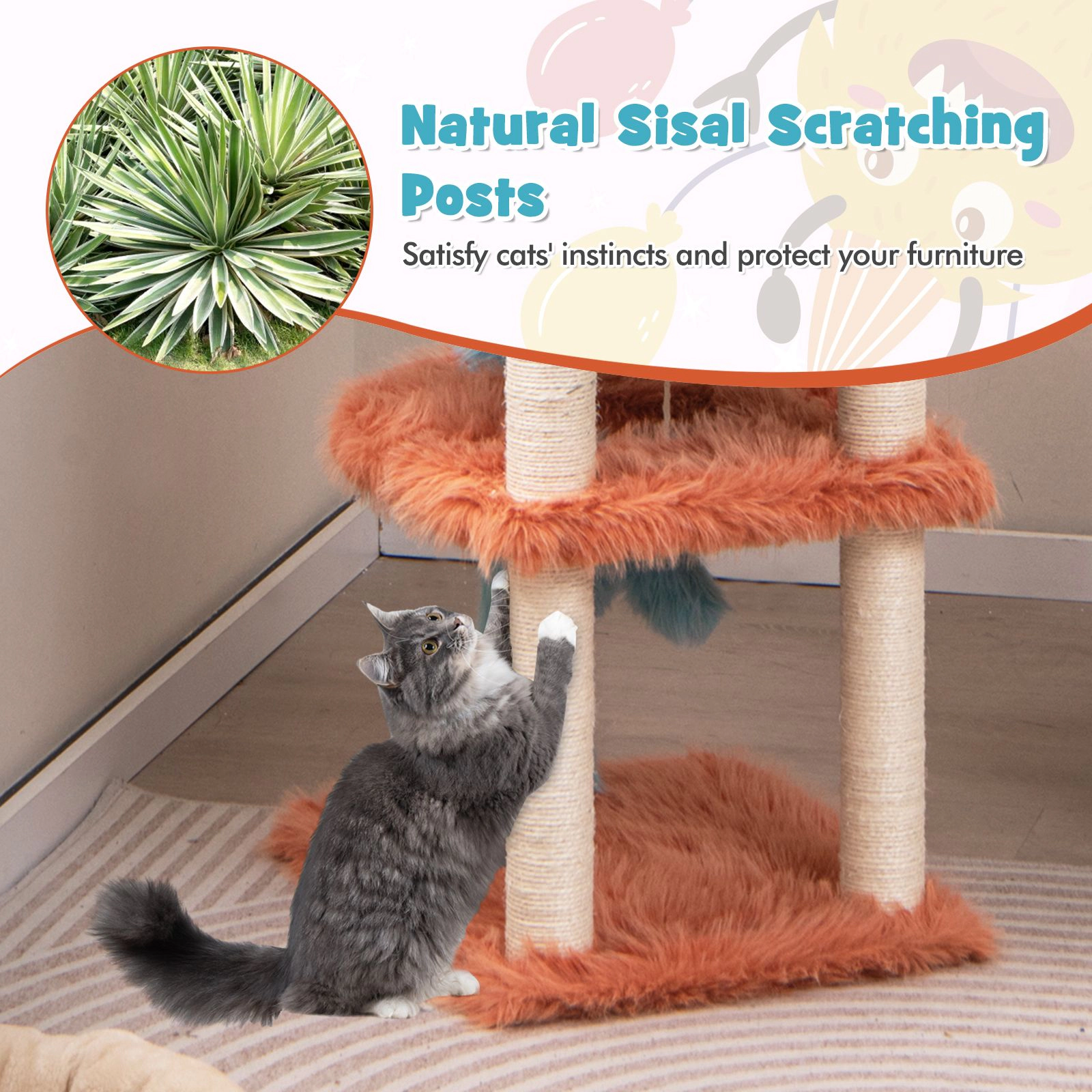 SlickBlue 34" Blue Orange Cat Tree with Hanging Condo and Scratching Posts