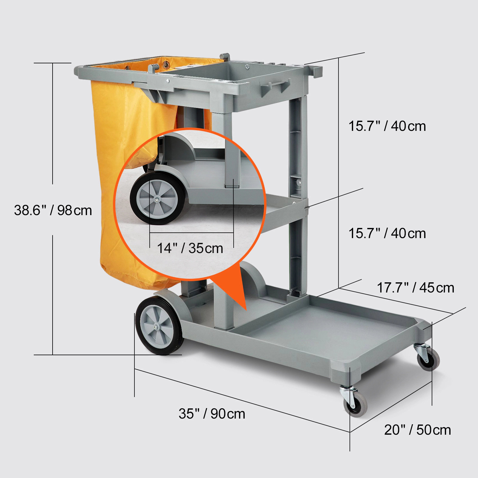 HONGGE Cleaning Cart 3-Shelf Commercial Janitorial Cart 200 lbs Capacity Plastic Housekeeping Cart with 25 Gallon PVC