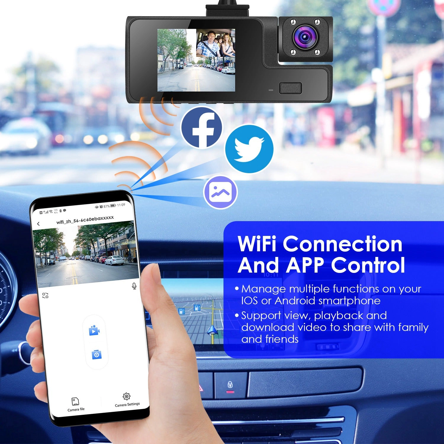 GBruno WiFi 3-Channel Car Dash Cam With 64GB Card