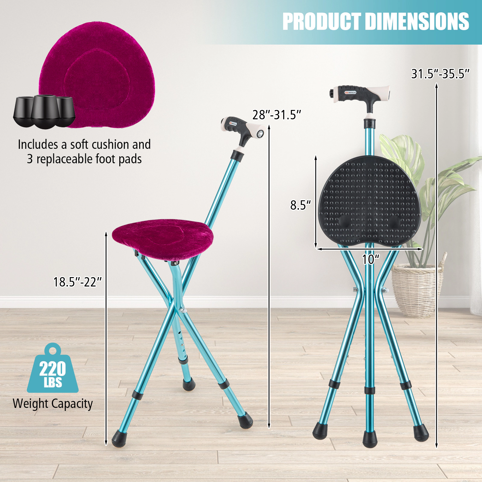 SUGIFT Blue Adjustable Cane Seat with LED Light and 3 Anti-Slip Footpads 31.5-in to 35.5-in H 220-lb User Capacity