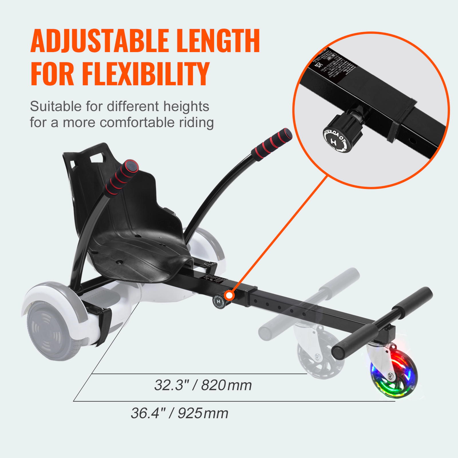 HONGGE Hoverboard Seat Attachment with LED Lights, Adjustable Frame Length, Fits 6.5" 8" 8.5" 10" Hoverboards