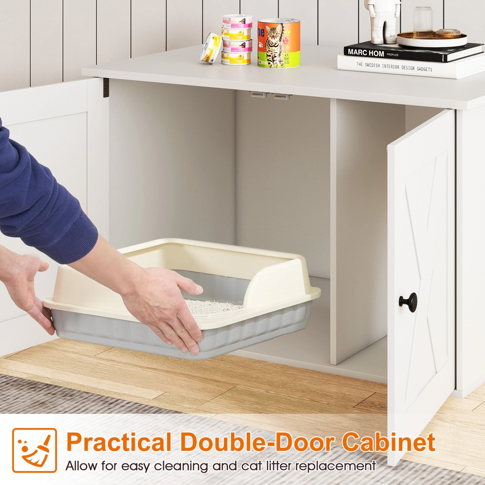 SUGIFT White Hidden Cat Litter Box Enclosure with Divider 31.5-in W 21-in D 20-in H 66-lb Tabletop Capacity