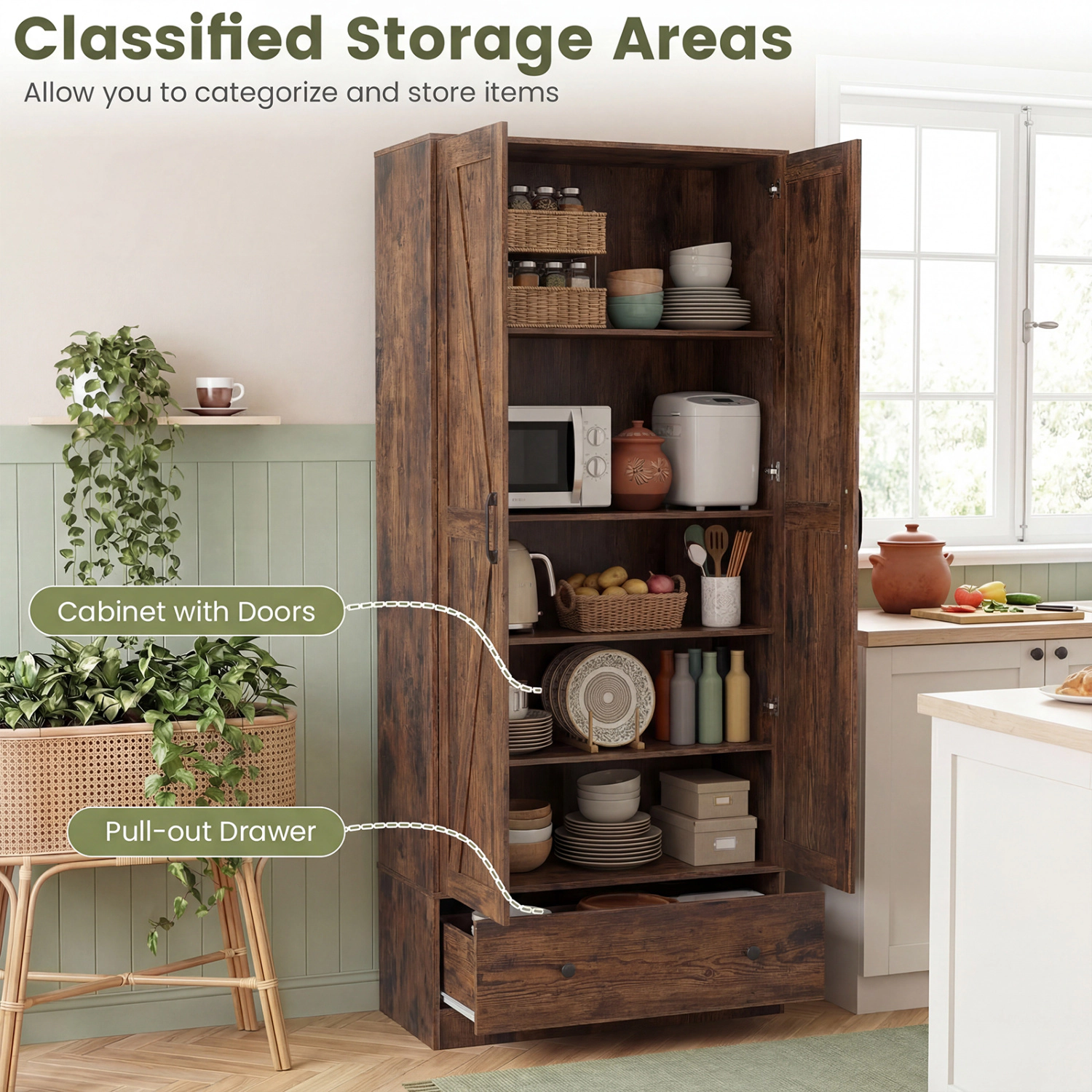 SUGIFT 72-in Tall 230-lb Capacity Rustic Brown Farmhouse Pantry Cupboard with 2 Doors and Bottom Drawer