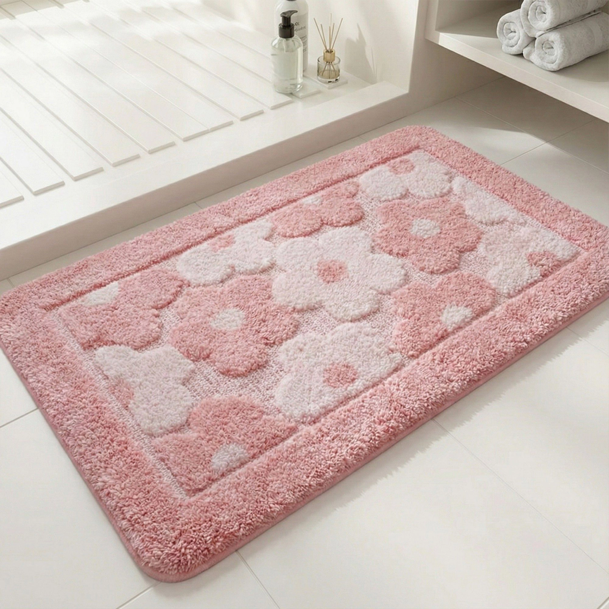 Alilang Unisex Plush Absorbent Bathroom Floor Mat with Floral Pattern Soft Textured Bath Rug for Tub Shower and Sink Are