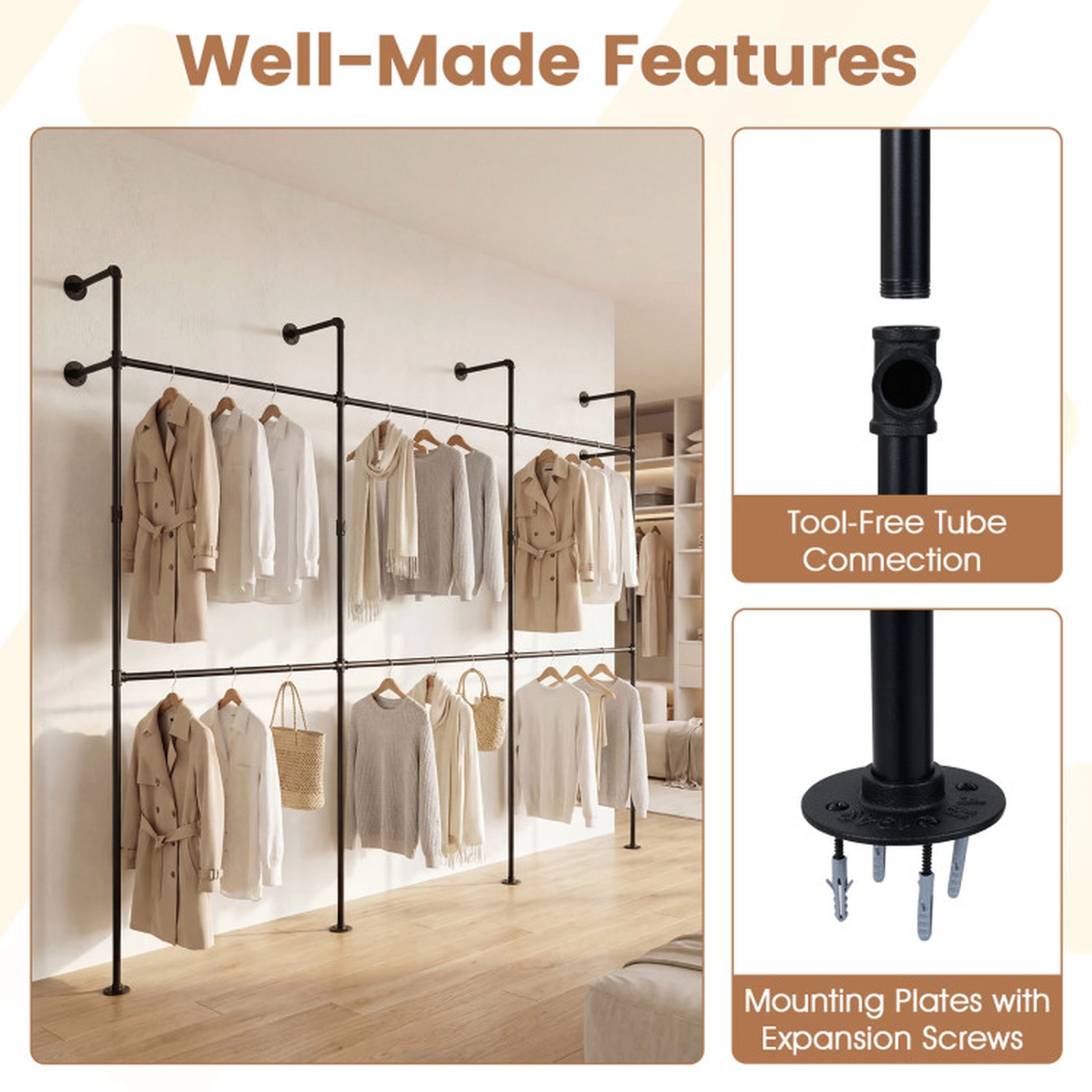 SUGIFT 6 Hanging Rods Double-Tier Wall Mounted Pipe Clothing Rack 118-in x 12.5-in x 89.5-in 45-lb per Rod Black