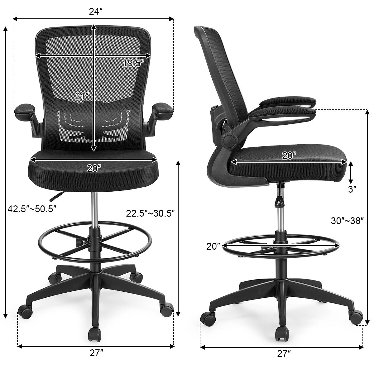 SlickBlue Ergonomic Drafting Office Chair with Mesh Back and Wheels