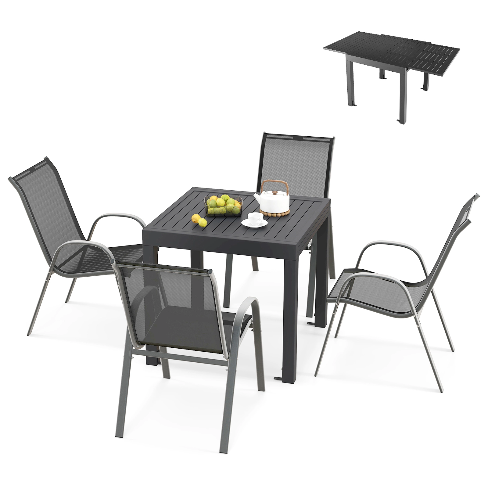 SUGIFT 5-Piece Gray Patio Dining Set with Extendable Aluminum Table and Stackable Chairs