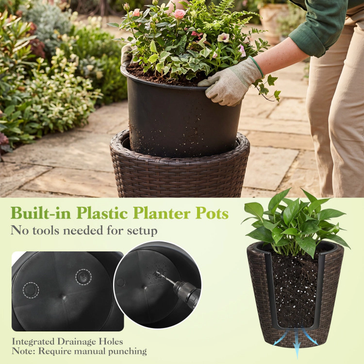 Hivvago Set of 2 Plastic Taper Rattan Planters with Drainage Holes and Saucers