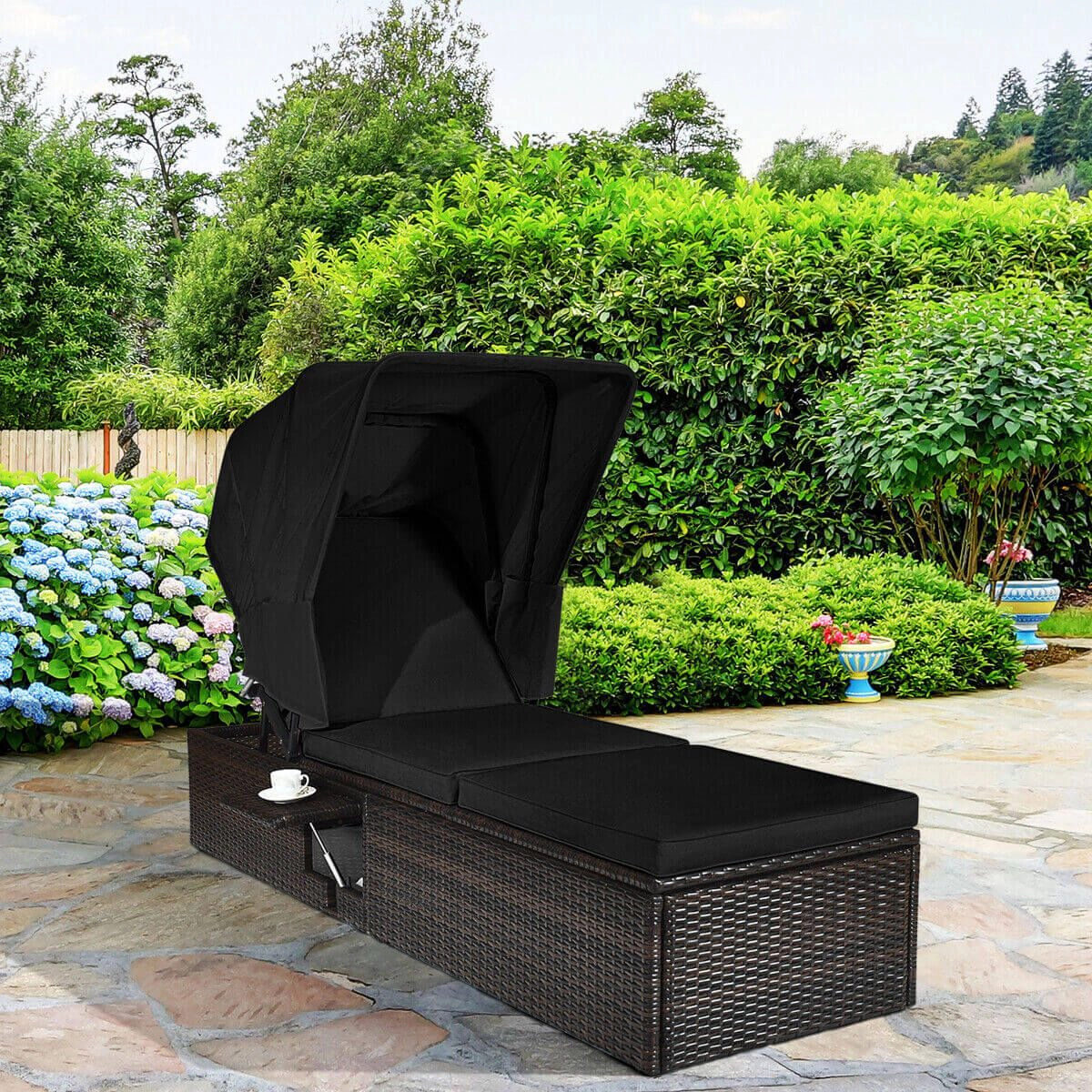 SlickBlue Outdoor Chaise Lounge with Retractable Canopy and Table