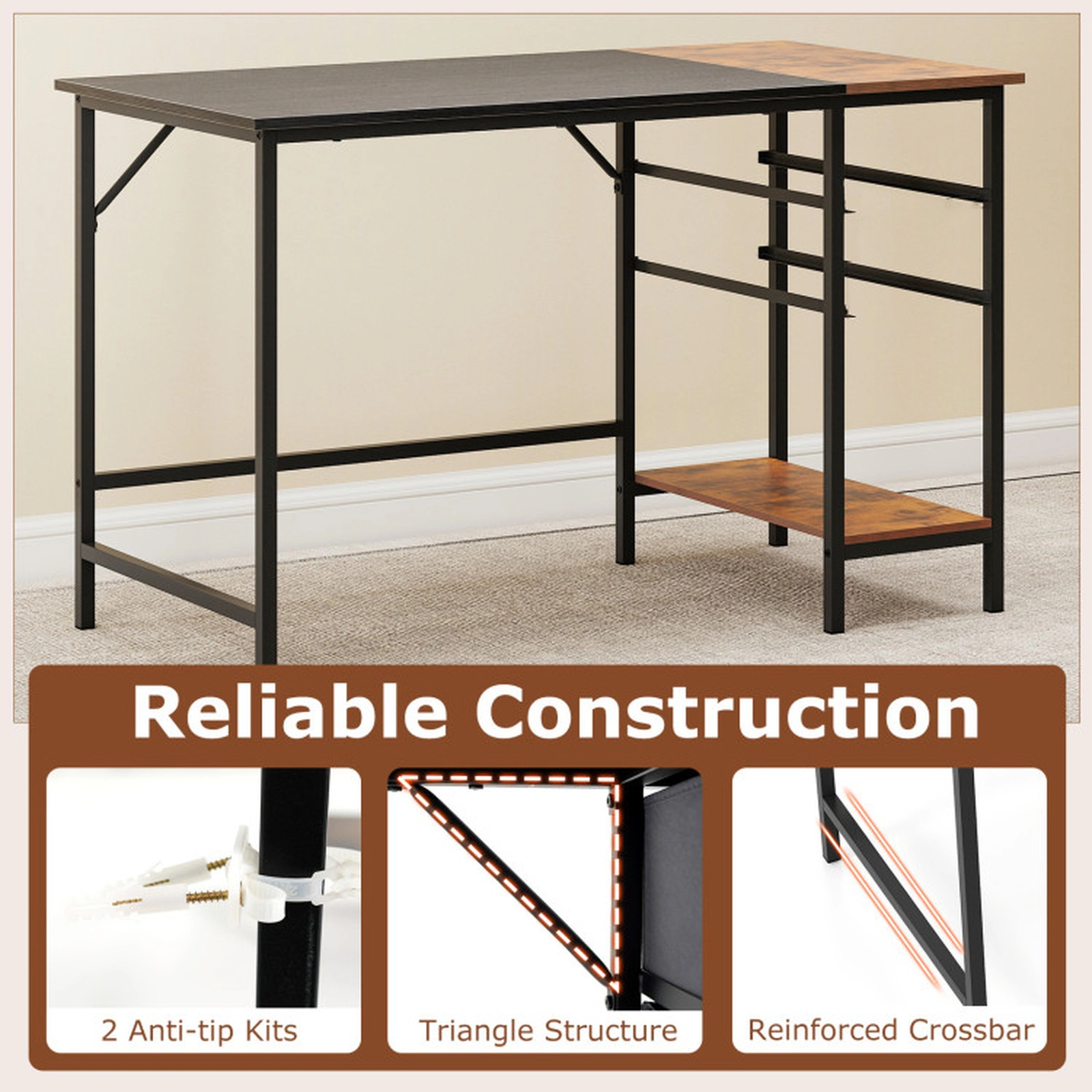SUGIFT 48-Inch Industrial Computer Desk with Removable Fabric Drawers, Open Shelf and Anti-Tip Kits