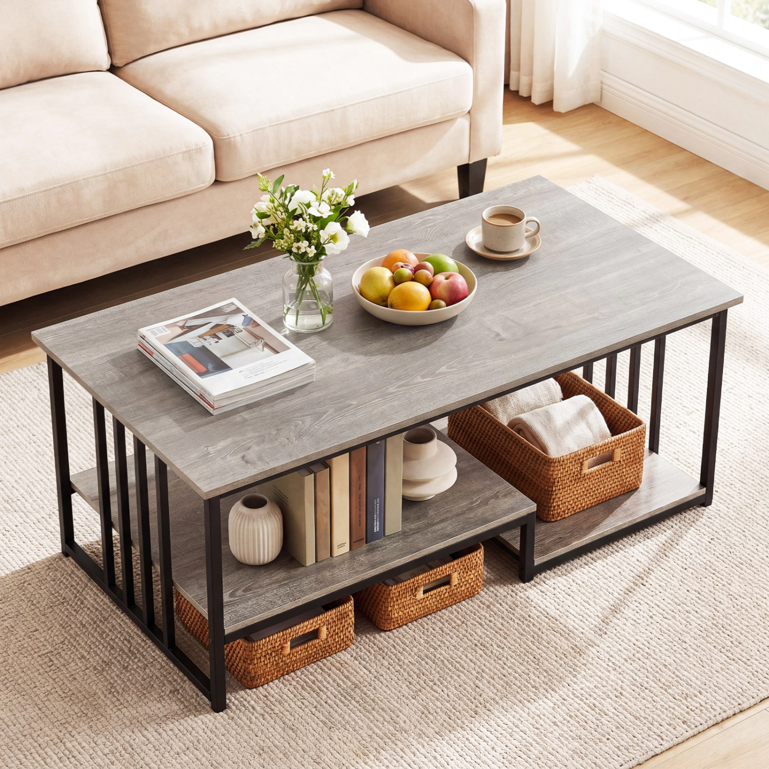 Glintex 2-Tier 43.5-Inch Coffee Table with Open Shelf and Metal Frame