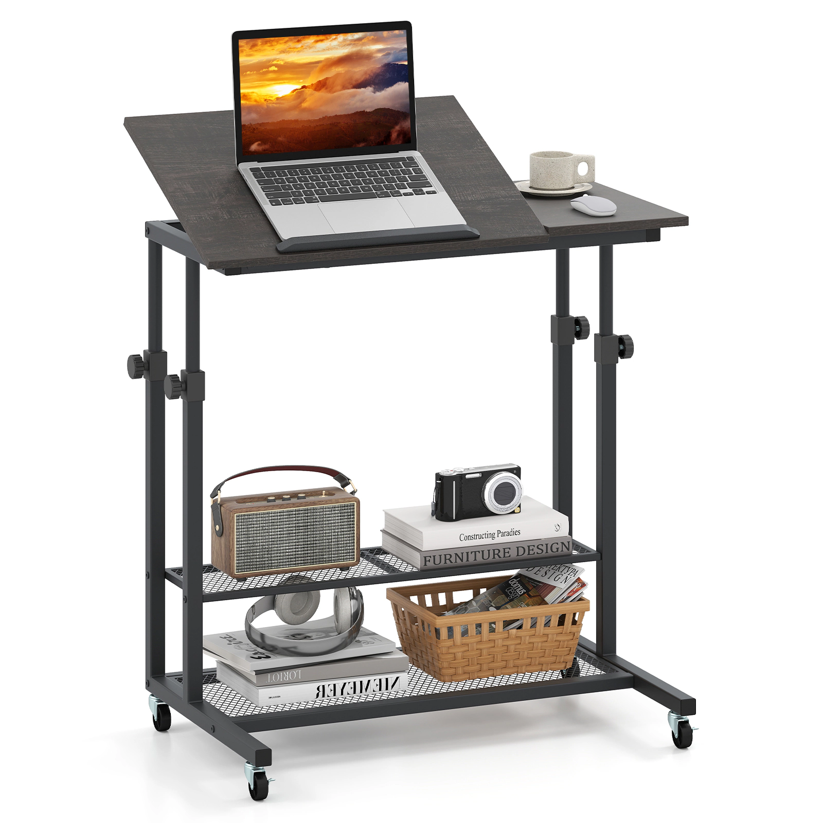 LJG Mobile Stand up Desk Height Adjustable Standing Table with Tilting Tabletop