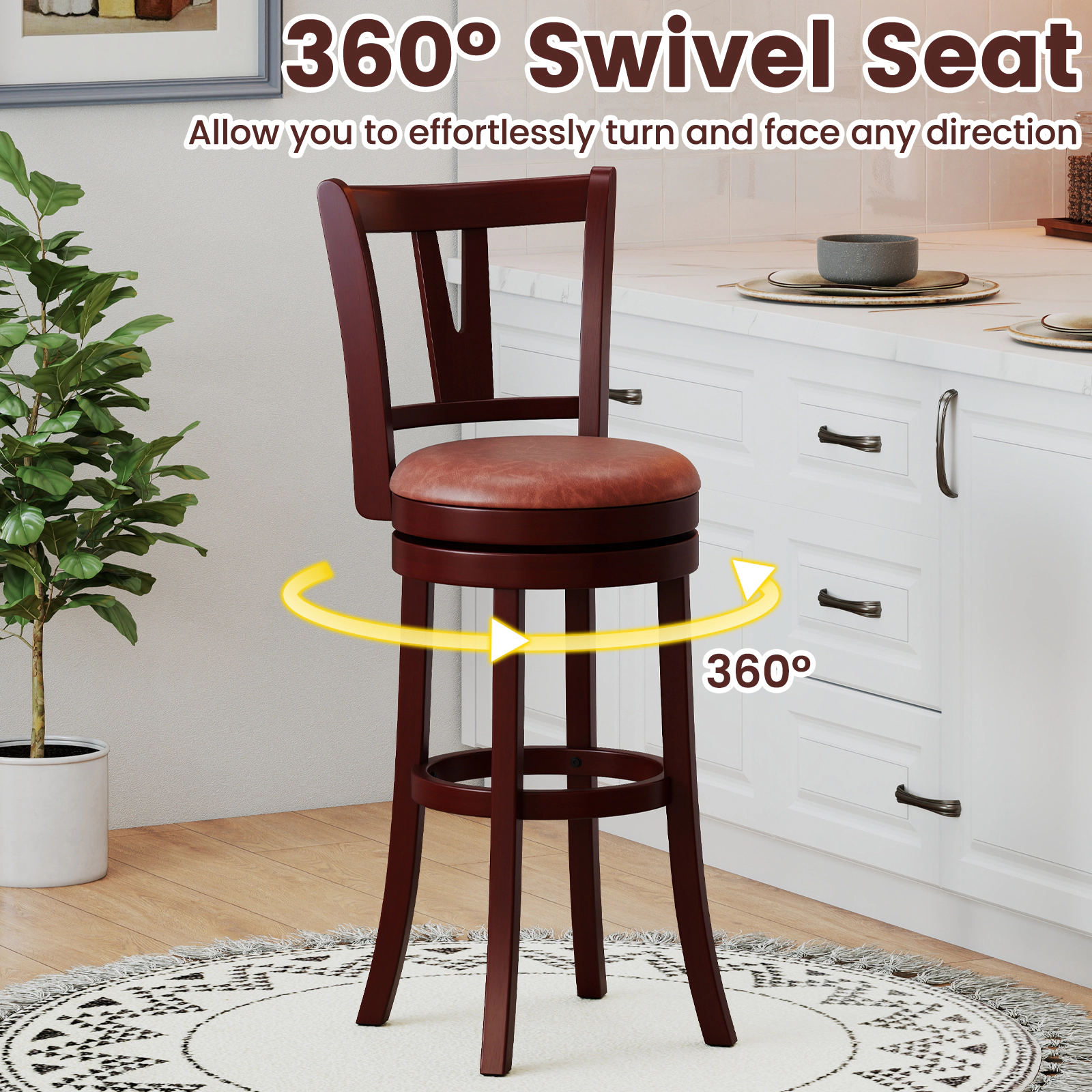SUGIFT Set of 2 Cappuccino Faux Leather Swivel Bar Stools, 30-Inch High Back
