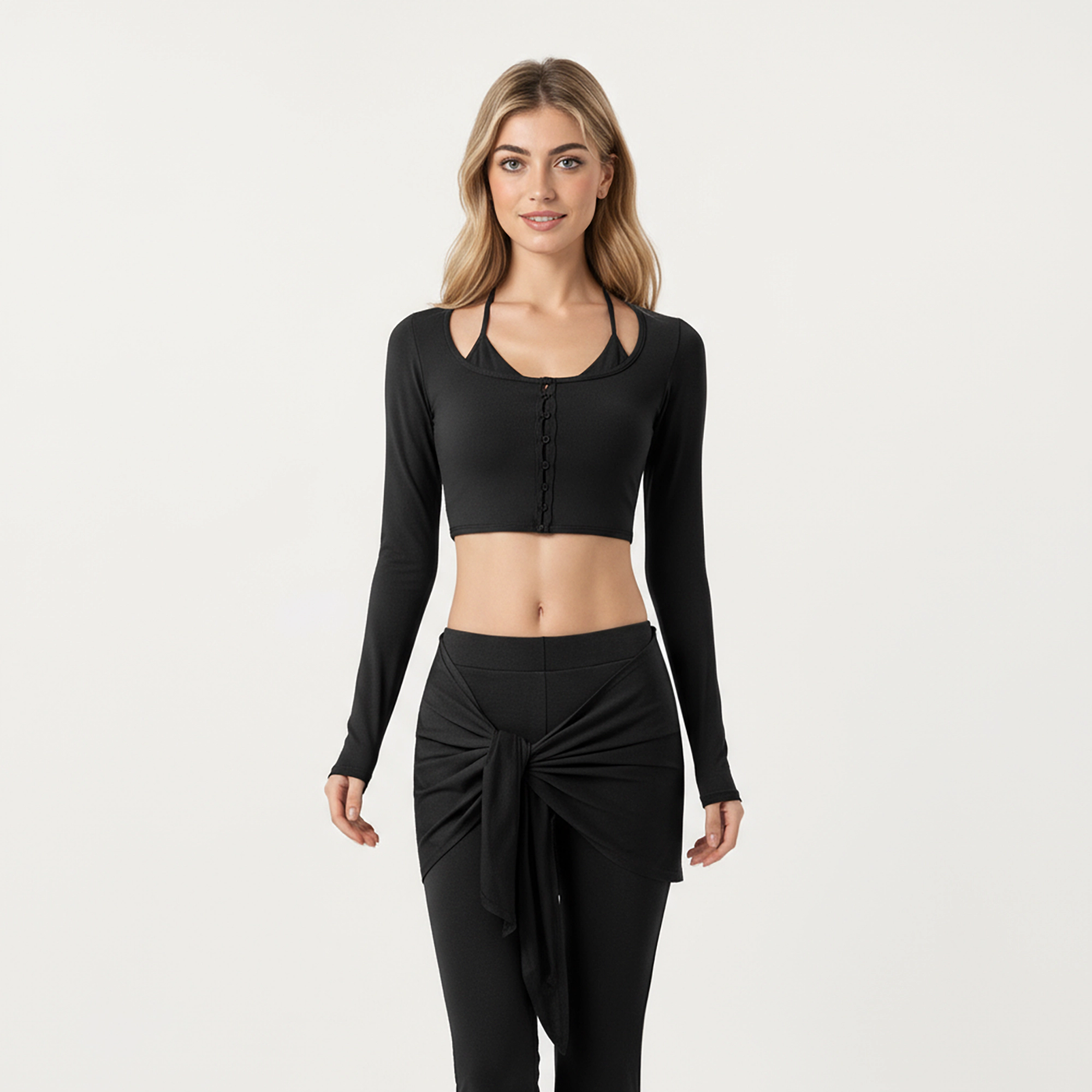 Anna-Kaci Women's Long Sleeve Cropped Button Front Top with Square Neckline and Fitted Silhouette
