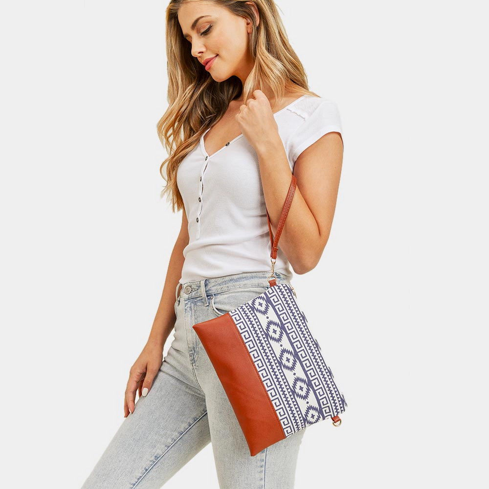 Fashnzfab Aztec Patterned Wristlet Clutch / Crossbody Bag 10" X 8"