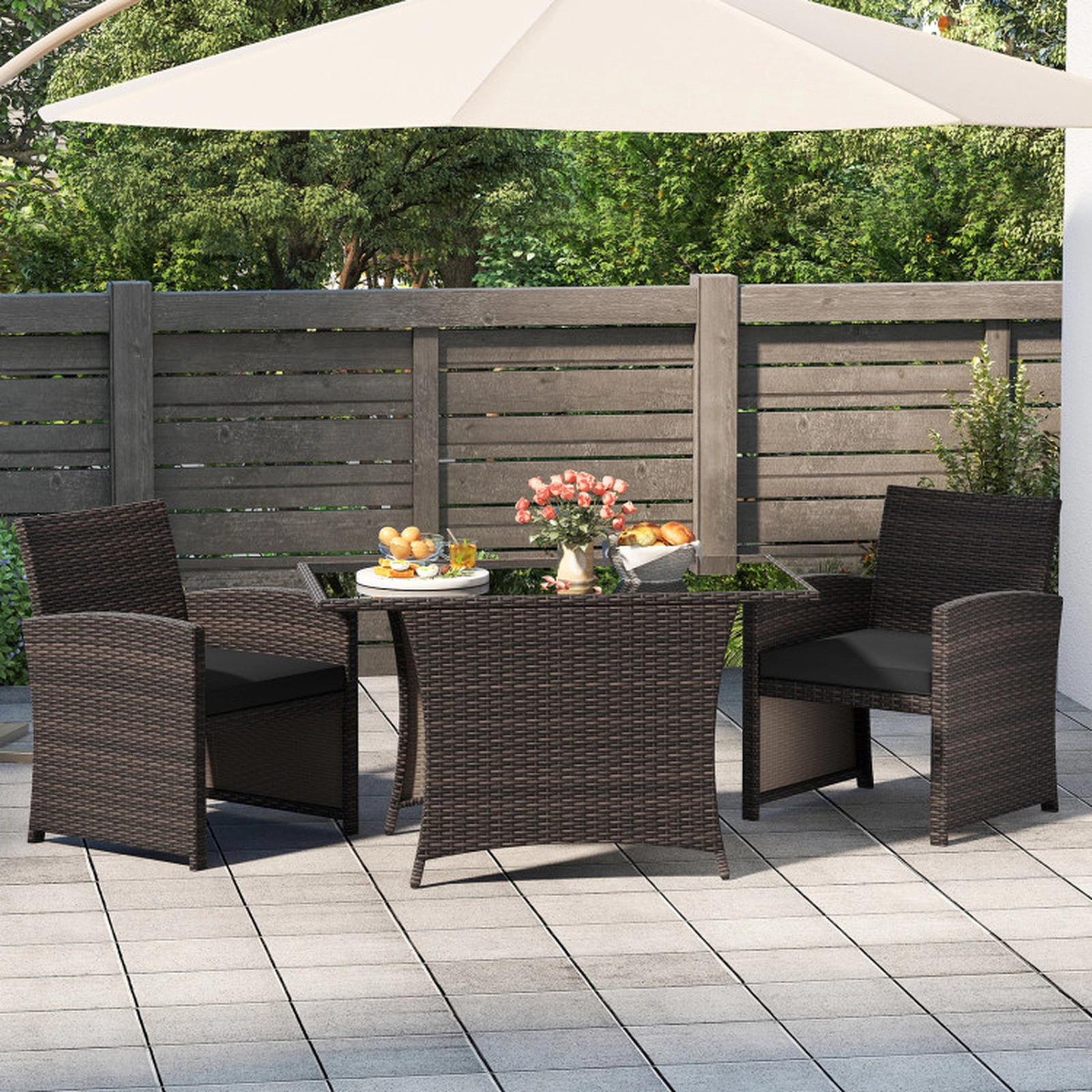 SUGIFT 3 Piece Patio Wicker Dining Set with Rectangle Tempered Glass Dining Table 400-lb Chairs Mix Brown/Gray