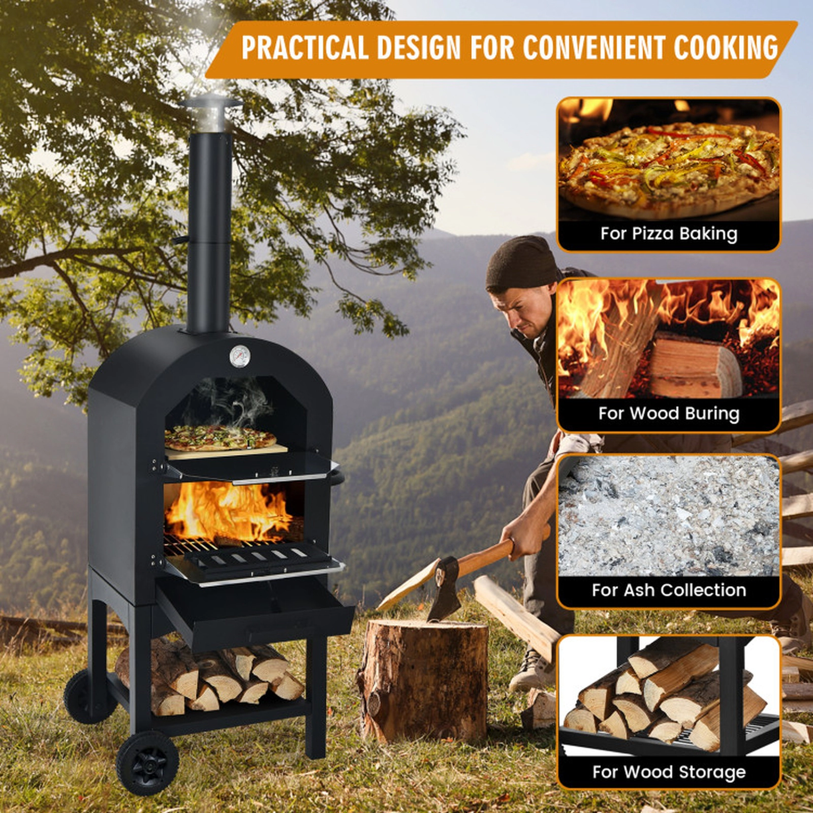 SUGIFT Black Portable Outdoor Pizza Oven with 12-in Stone and Waterproof Cover 23.2-in W 18.1-in D 63.8-in H