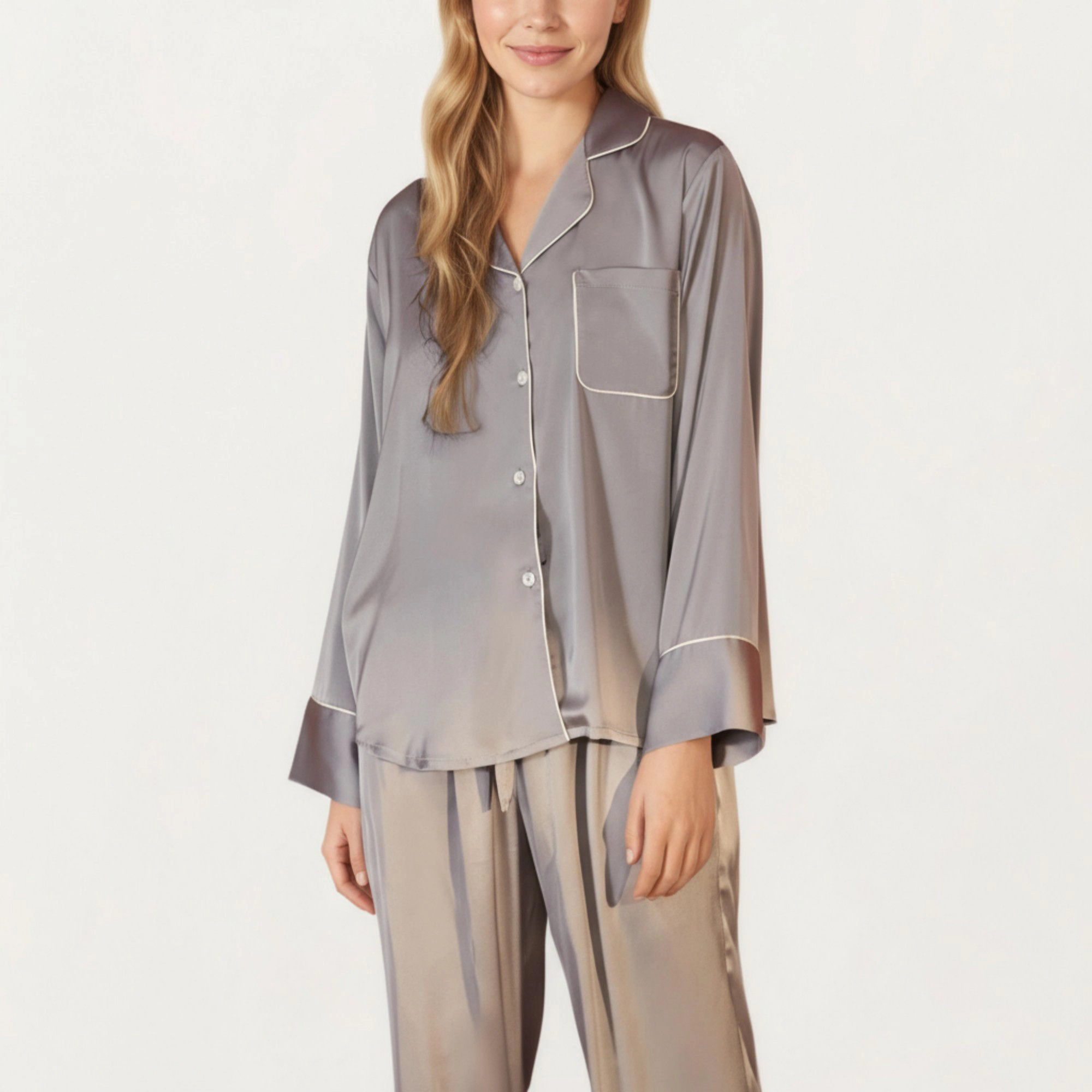 Anna-Kaci Women's 2-Piece Satin Long Sleeve Button Front Pajama Top and Relaxed Fit Pants